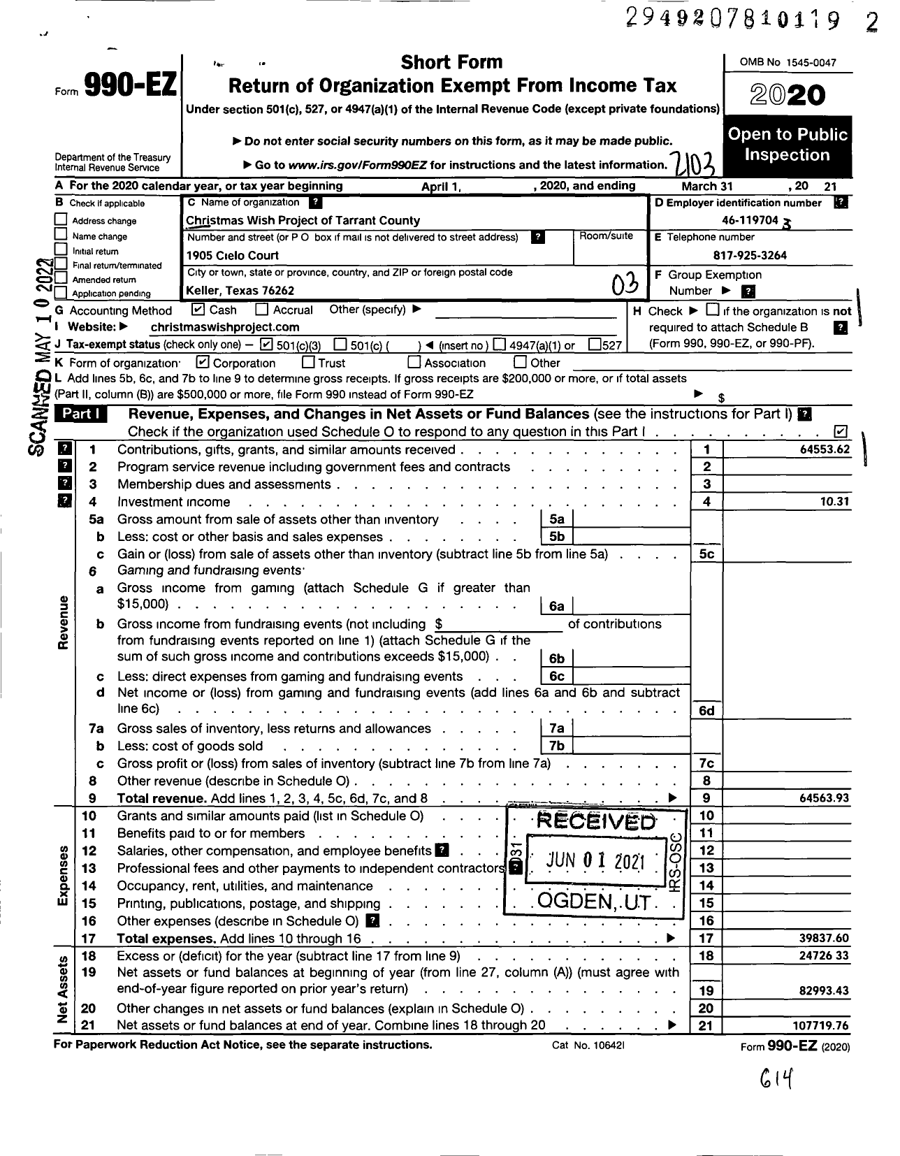 Image of first page of 2020 Form 990EZ for Christmas Wish Project of Tarrant County