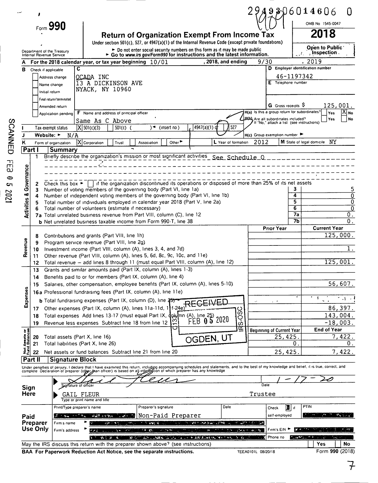 Image of first page of 2018 Form 990 for Ocada