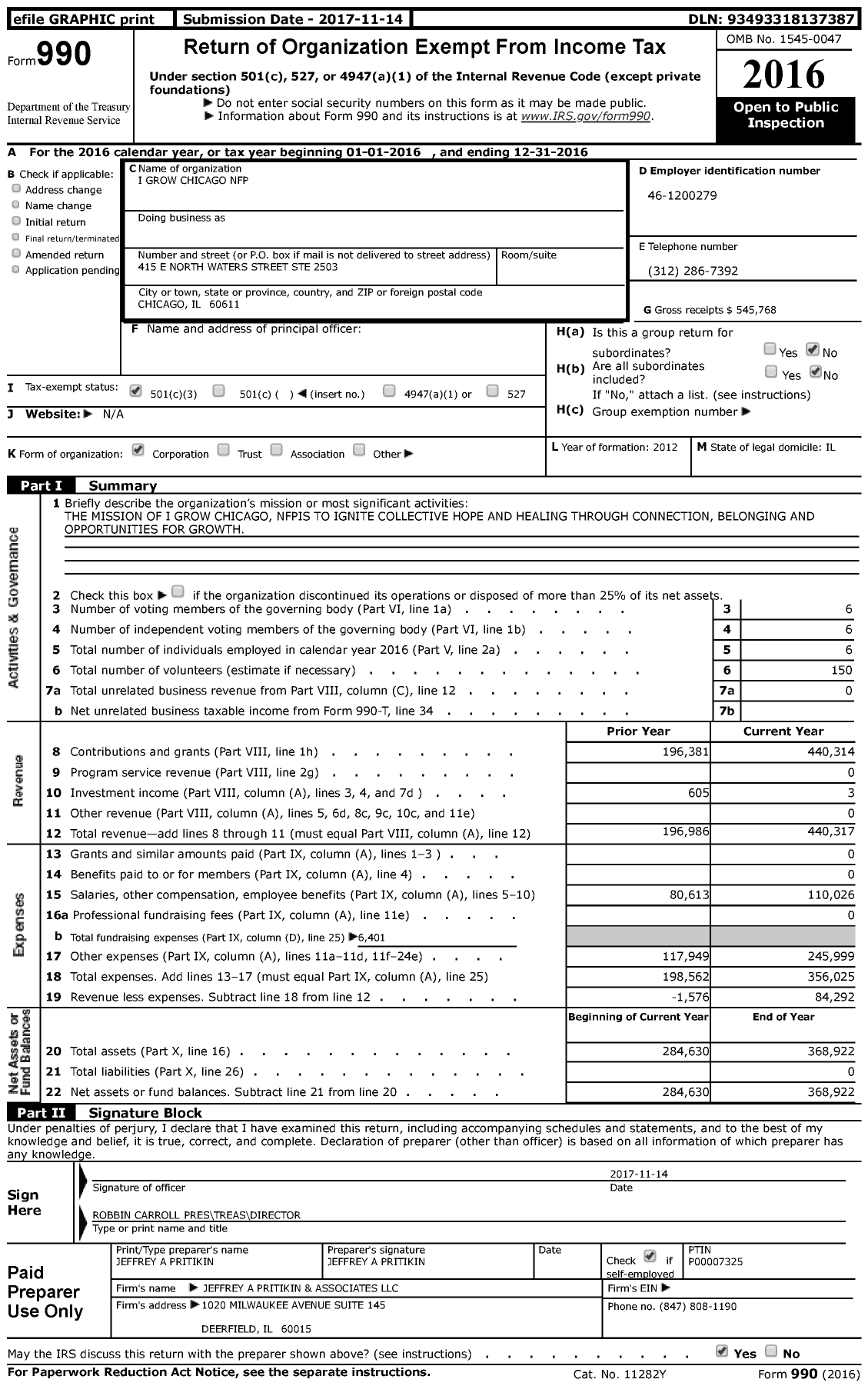Image of first page of 2016 Form 990 for I Grow Chicago NFP