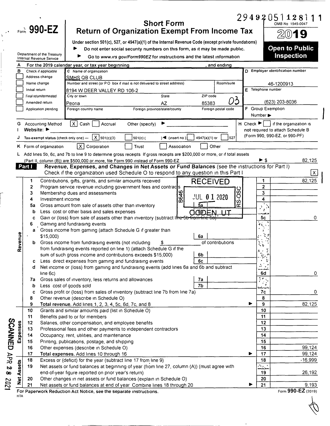 Image of first page of 2019 Form 990EZ for SMHS QB Club