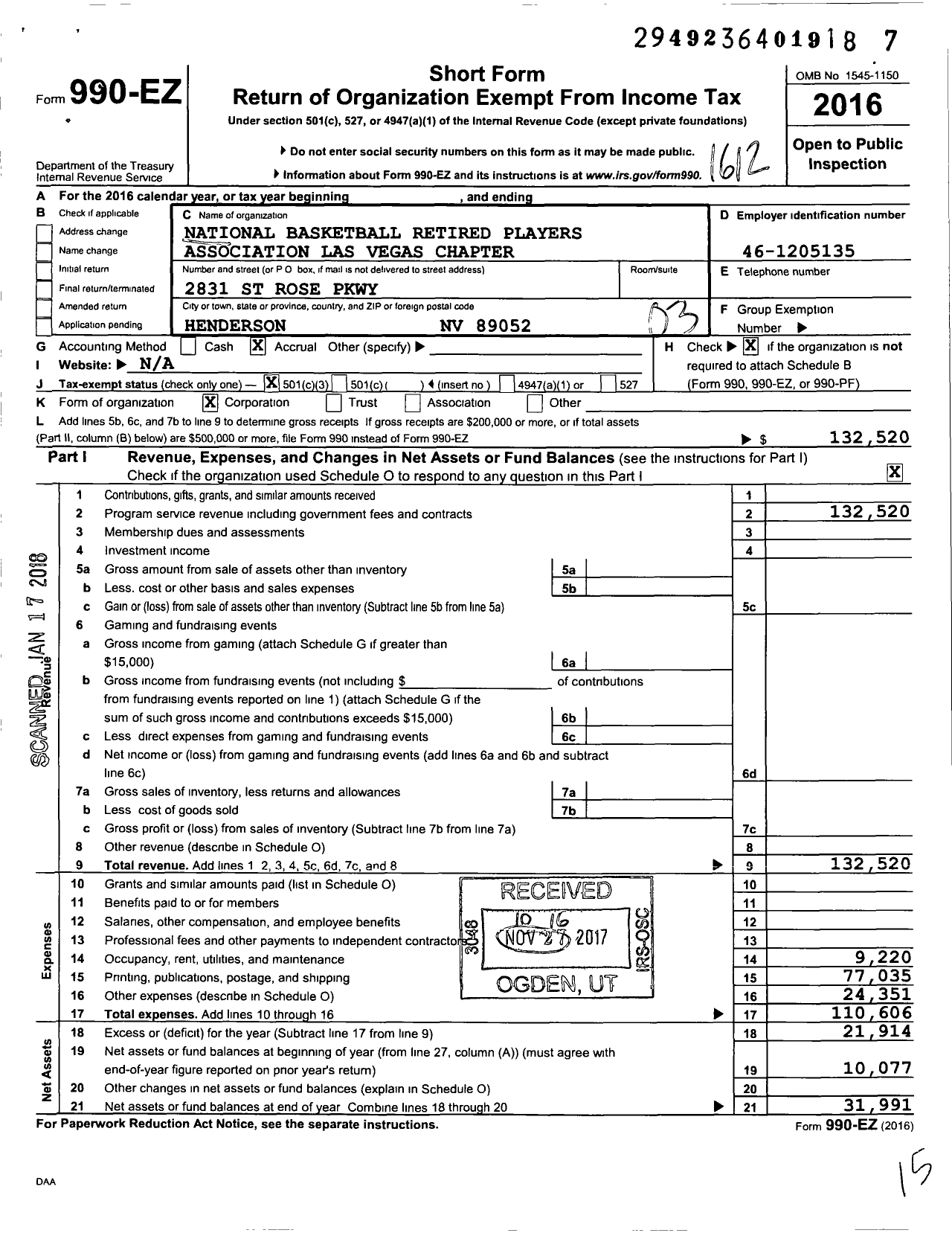 Image of first page of 2016 Form 990EZ for National Basketball Retired Players Association Las Vegas Chapter