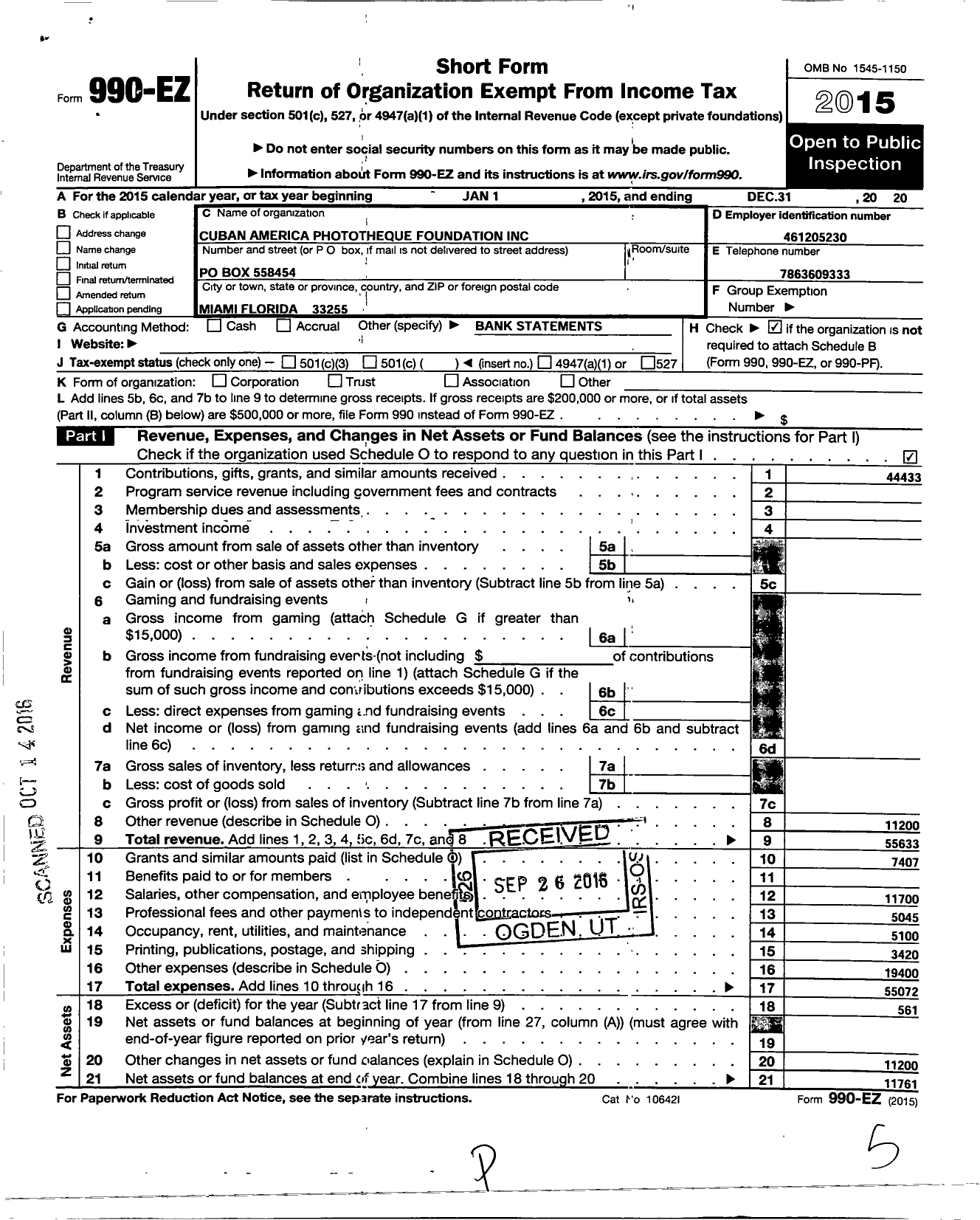 Image of first page of 2015 Form 990EO for Cuban American Phototheque Foundation in