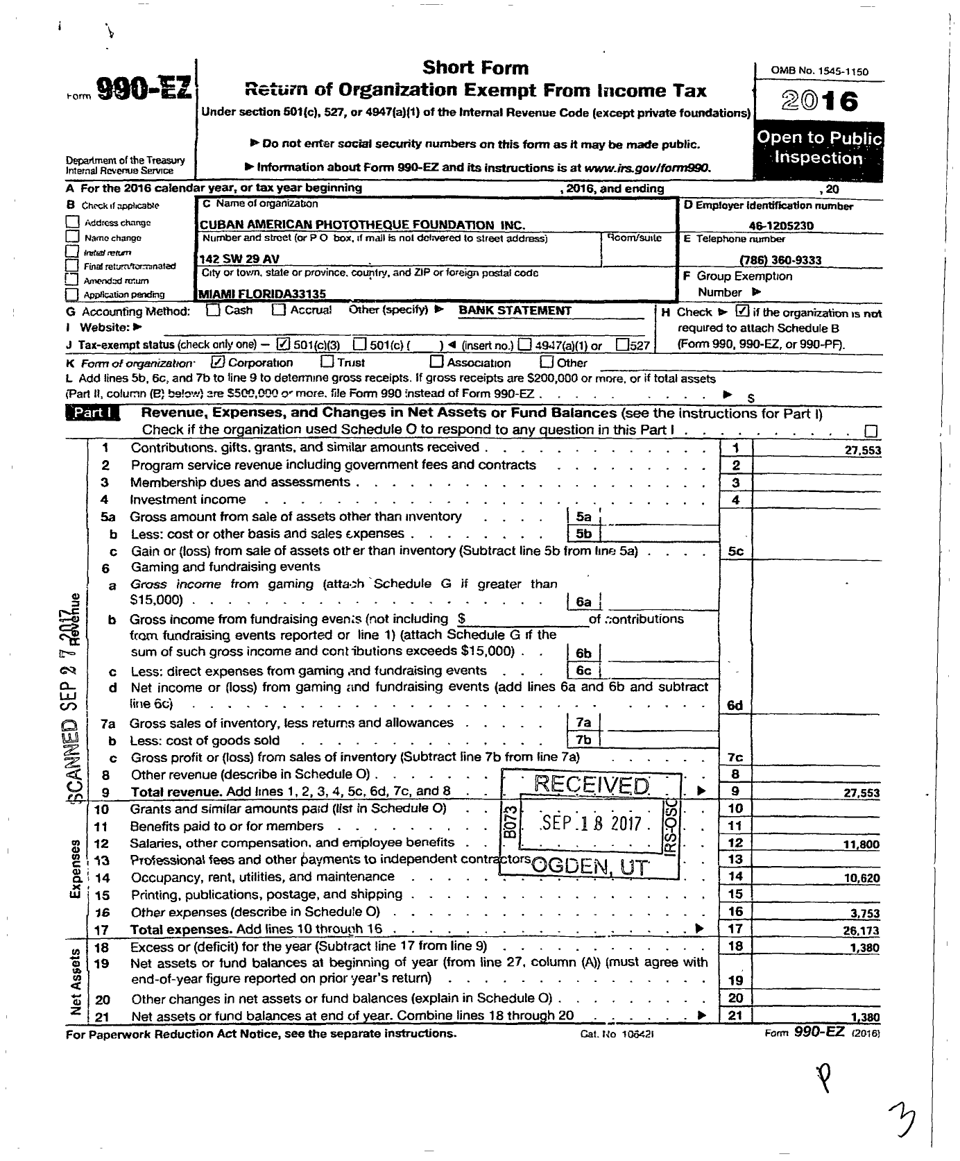 Image of first page of 2016 Form 990EZ for Cuban American Phototheque Foundation in