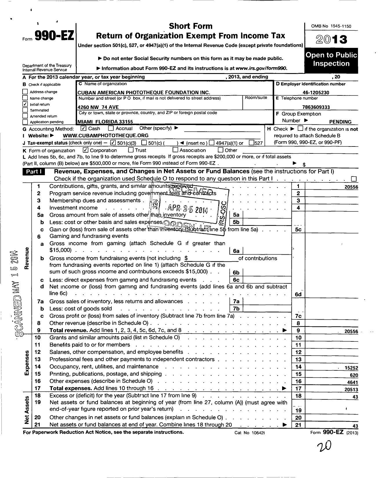 Image of first page of 2013 Form 990EZ for Cuban American Phototheque Foundation in