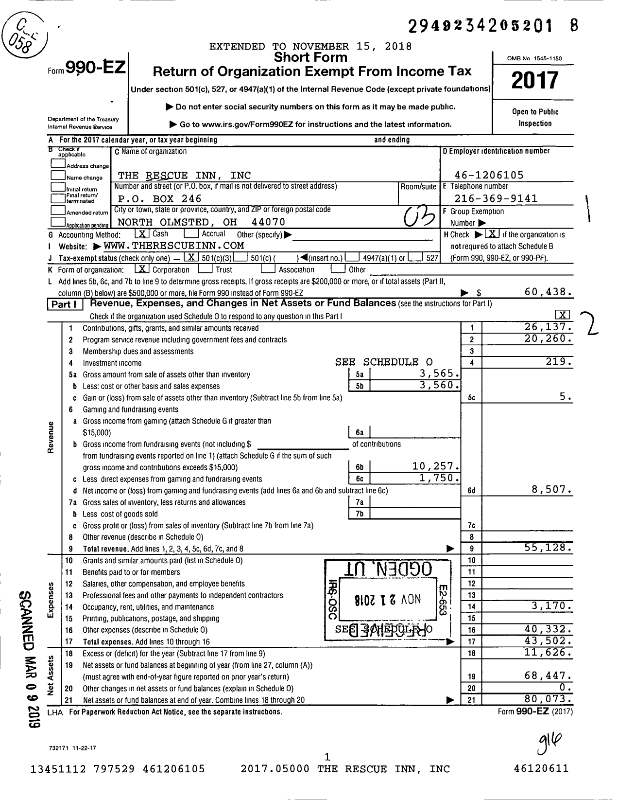 Image of first page of 2017 Form 990EZ for The Rescue Inn