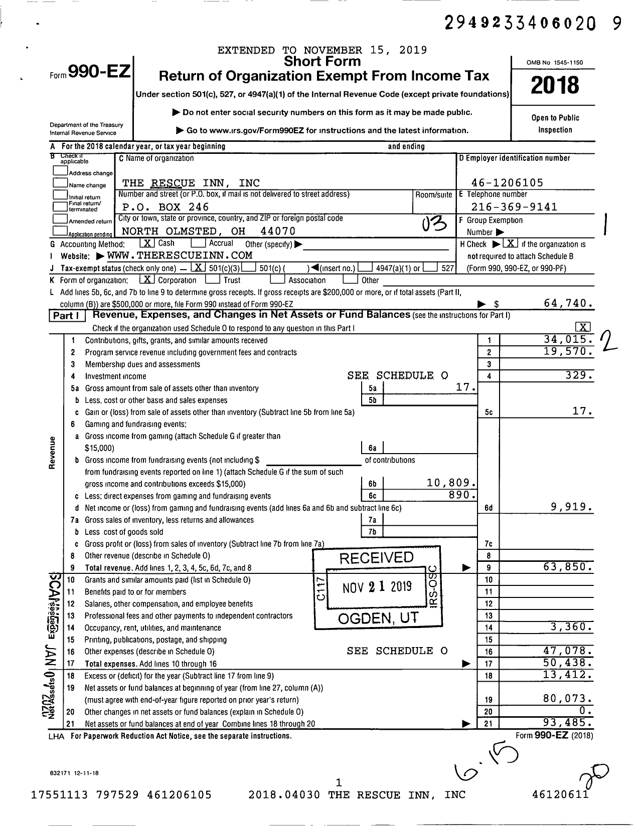 Image of first page of 2018 Form 990EZ for The Rescue Inn