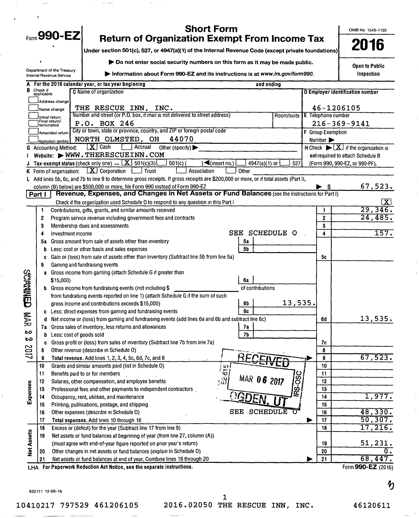 Image of first page of 2016 Form 990EZ for The Rescue Inn