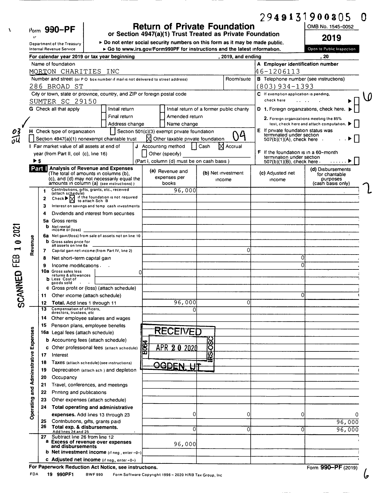 Image of first page of 2019 Form 990PF for Morton Charities