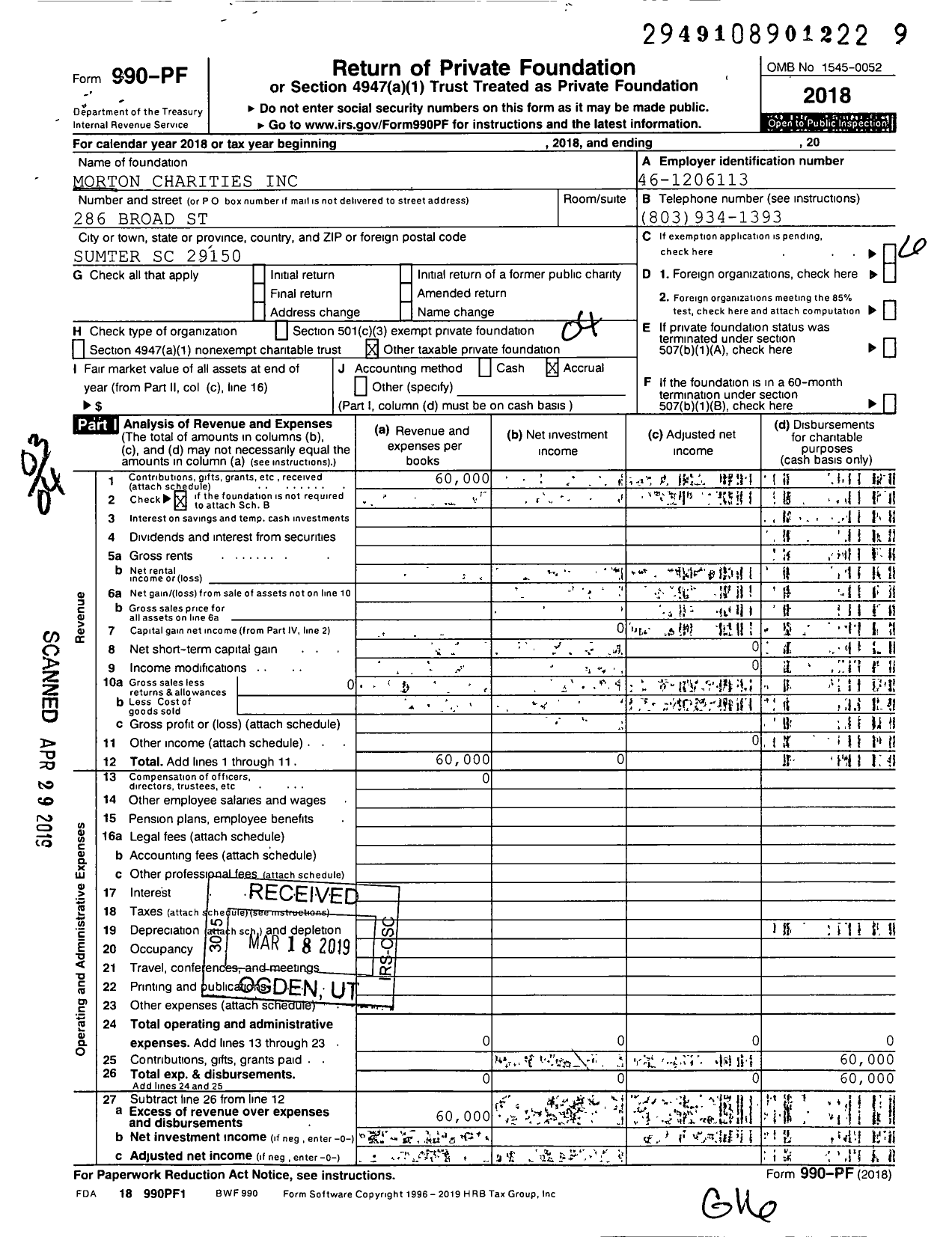 Image of first page of 2018 Form 990PF for Morton Charities