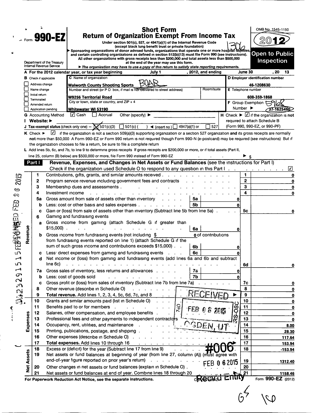 Image of first page of 2012 Form 990EZ for Board of Regents of the University of Wisconsin System / Walworth Co 4H Shooting Sports Proj