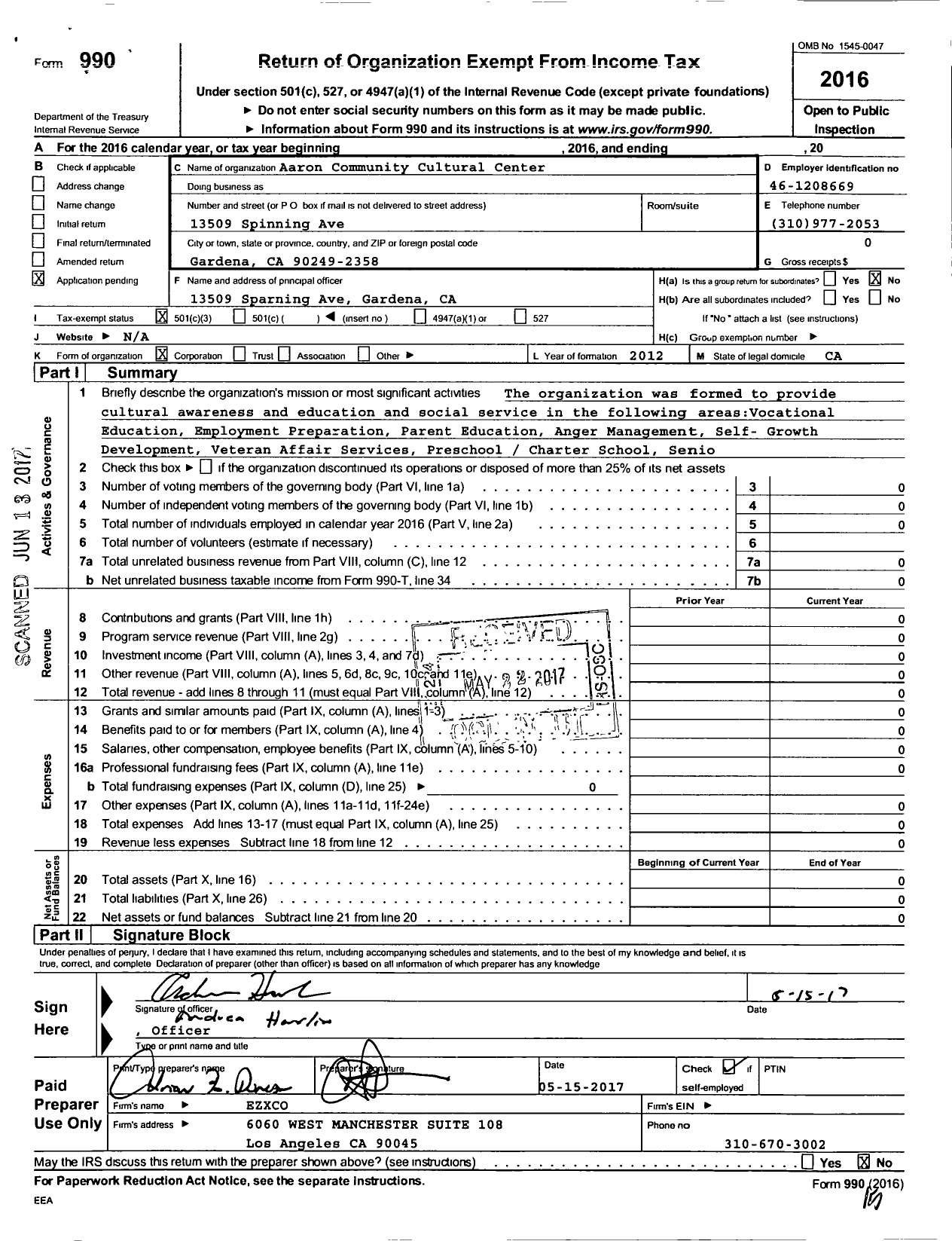 Image of first page of 2016 Form 990 for Aaron Community Cultural Center