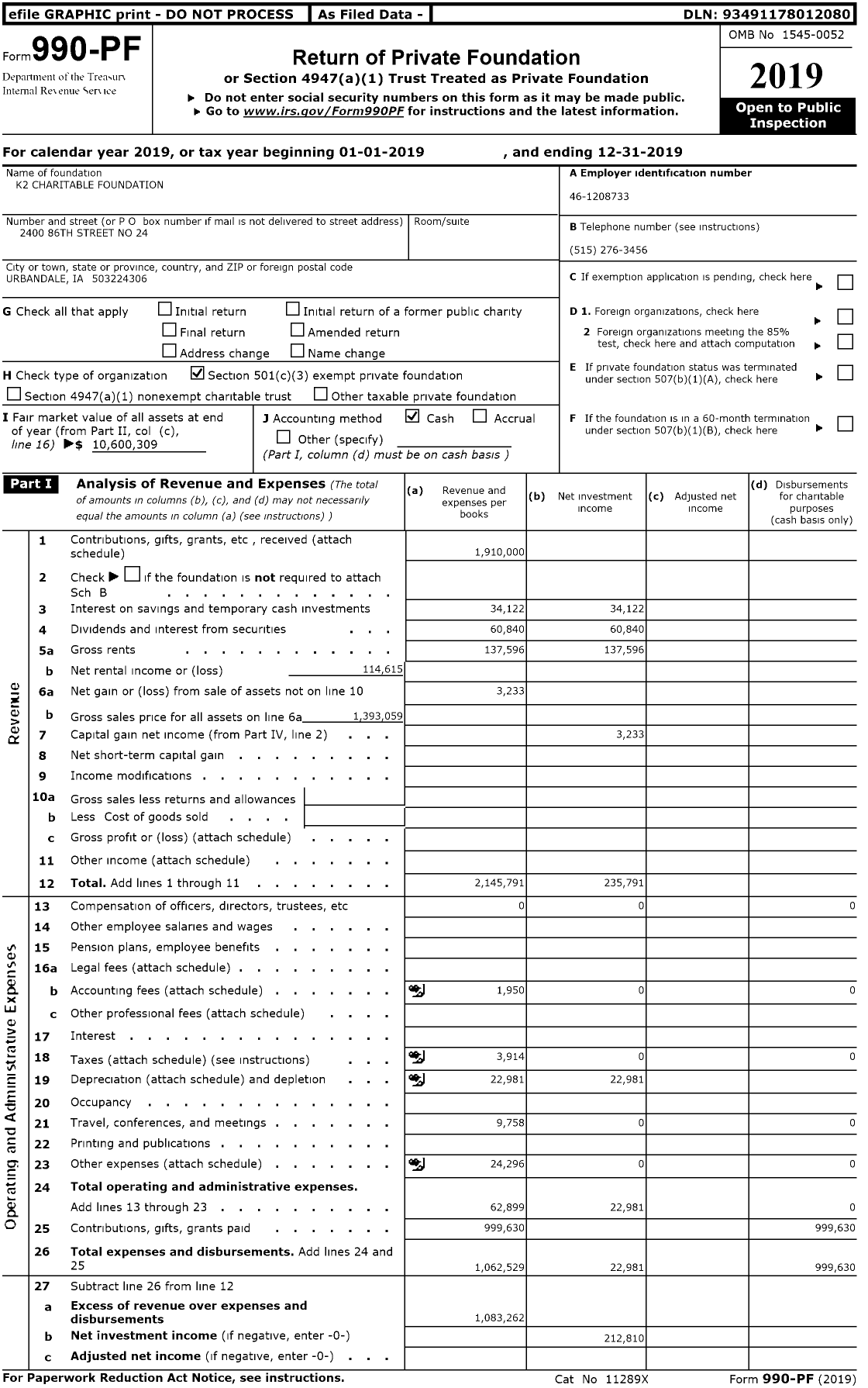 Image of first page of 2019 Form 990PR for K2 Charitable Foundation