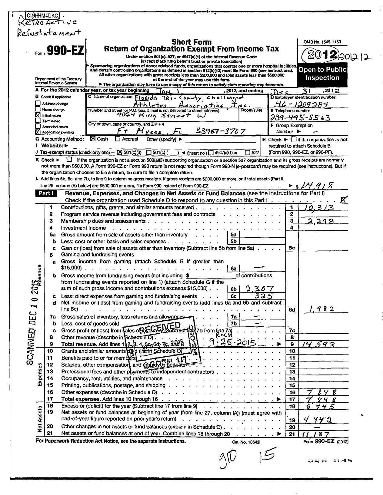 Image of first page of 2012 Form 990EZ for Florida Tri-County Challenged Athletes Association