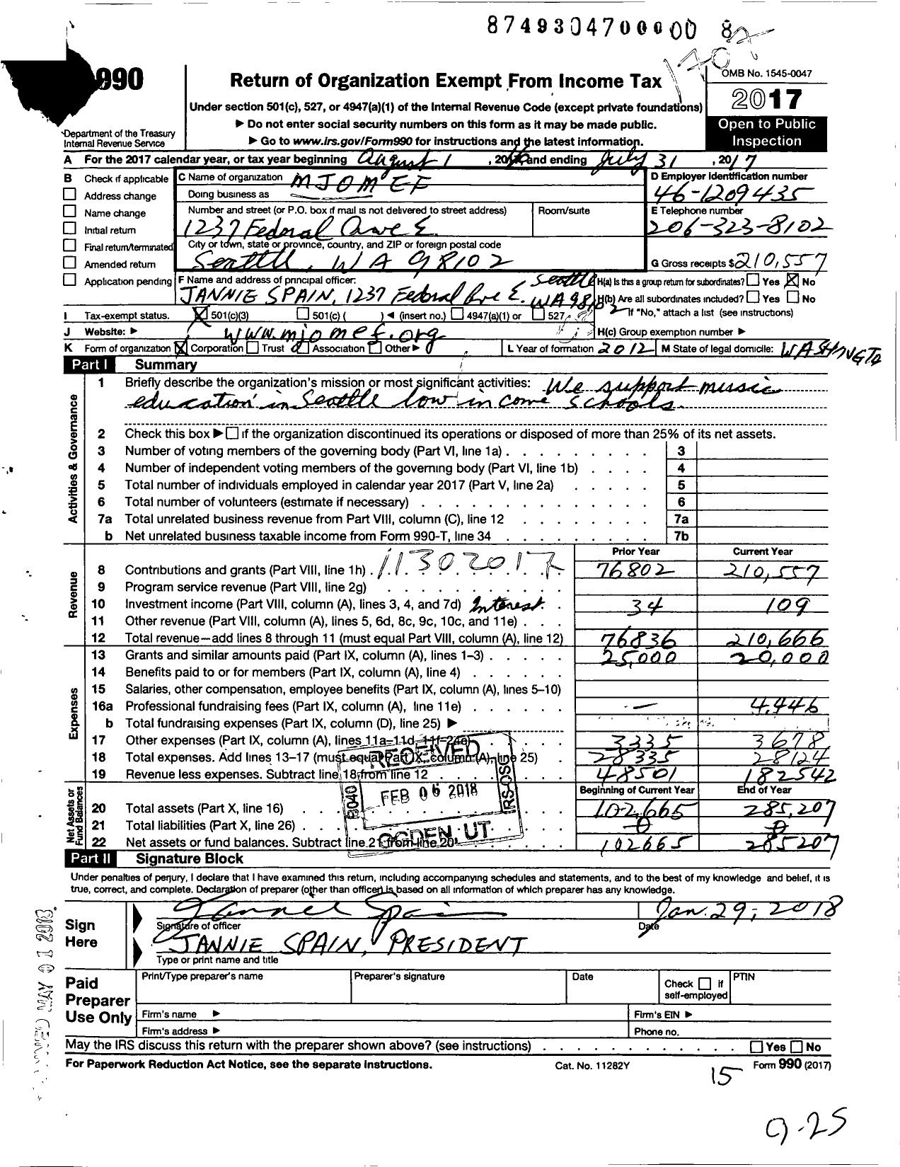 Image of first page of 2016 Form 990 for Michael J Owen Music Education Fund (MJOMEF)