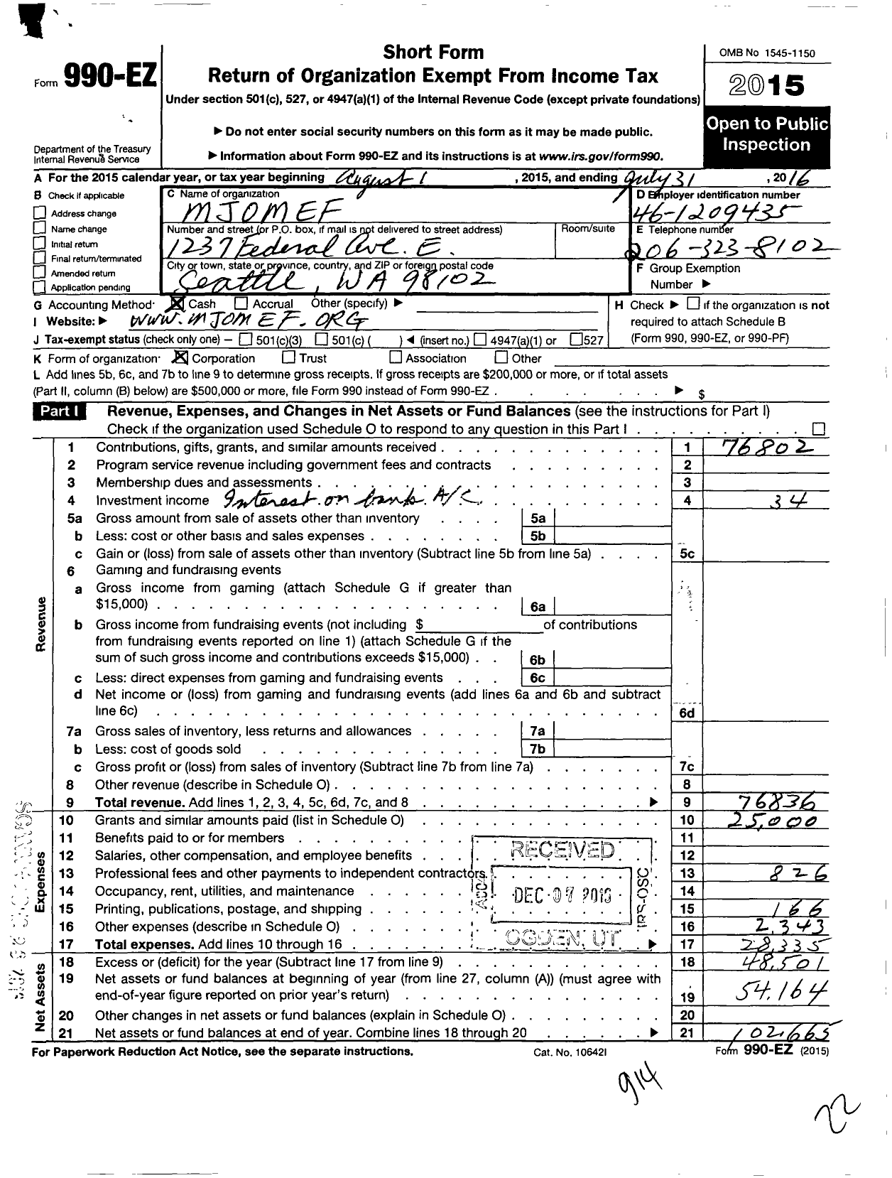 Image of first page of 2015 Form 990EO for Michael J Owen Music Education Fund (MJOMEF)