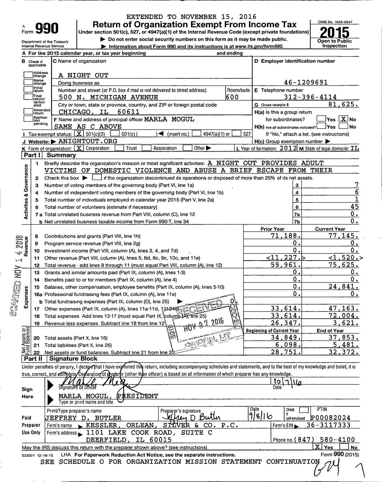 Image of first page of 2015 Form 990 for A Night Out