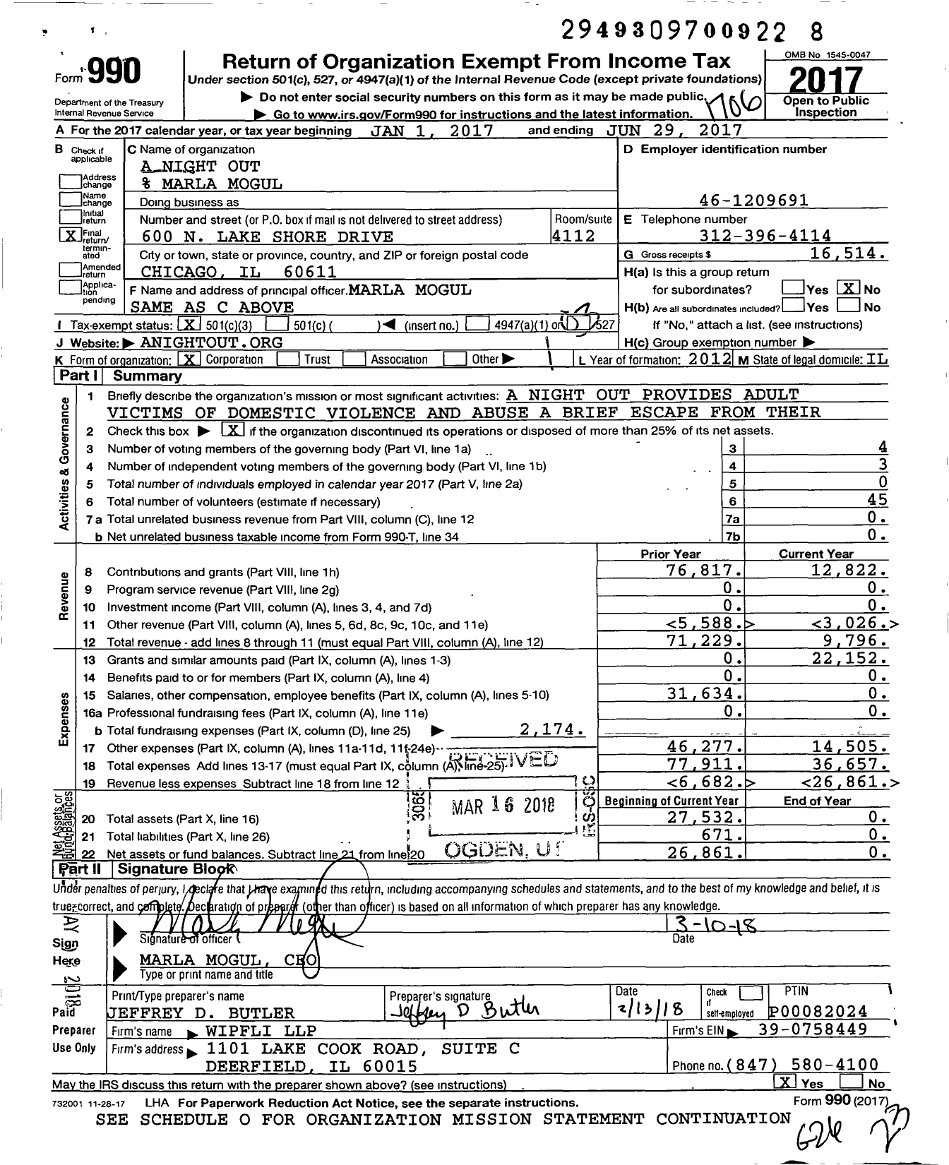 Image of first page of 2016 Form 990 for A Night Out