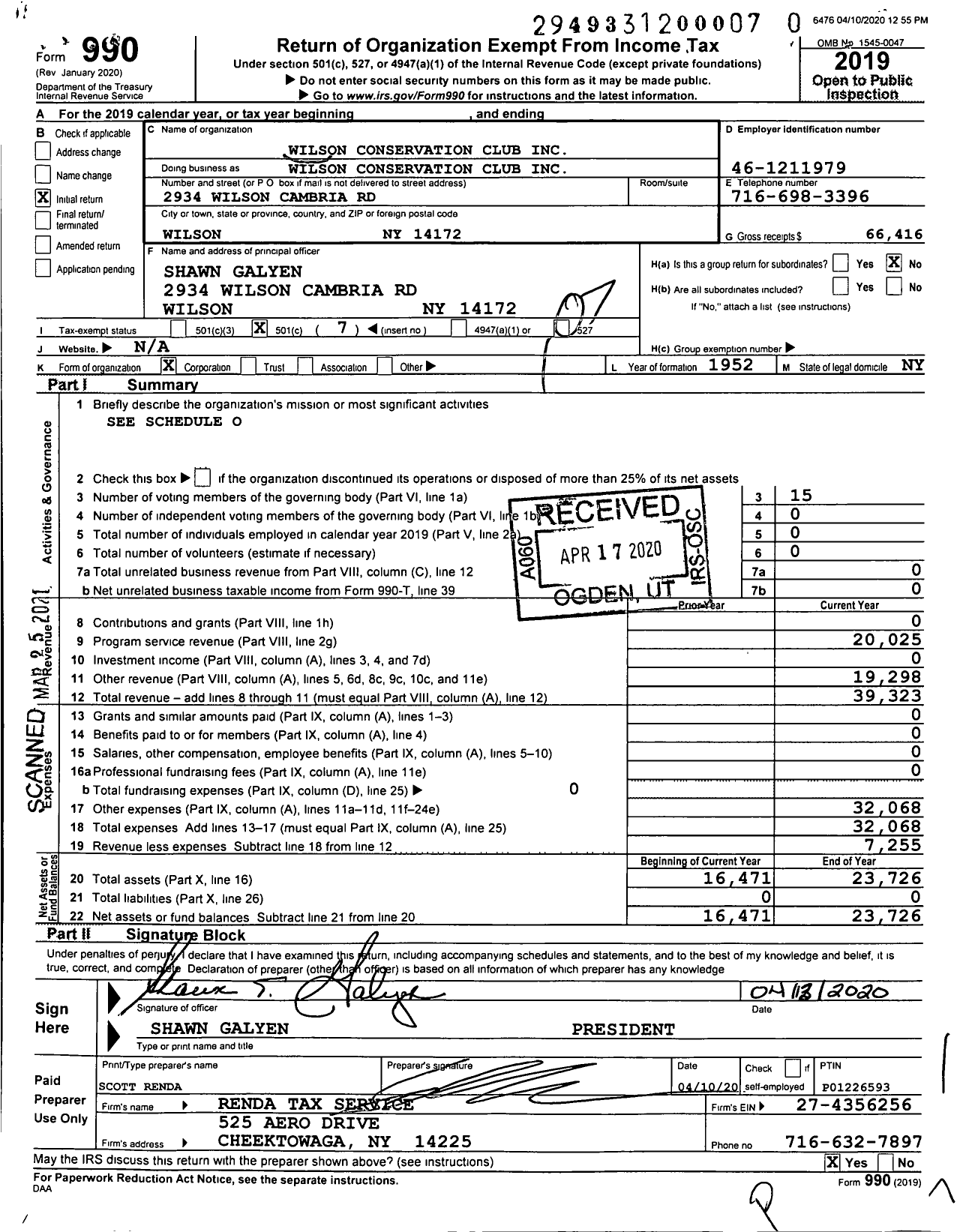 Image of first page of 2019 Form 990O for Wilson Conservation Club