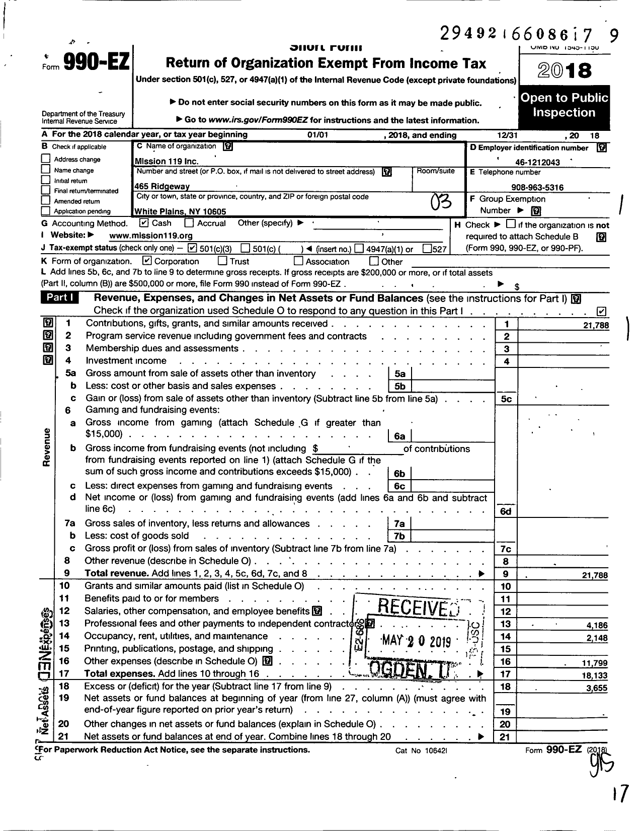 Image of first page of 2018 Form 990EZ for Mission 119