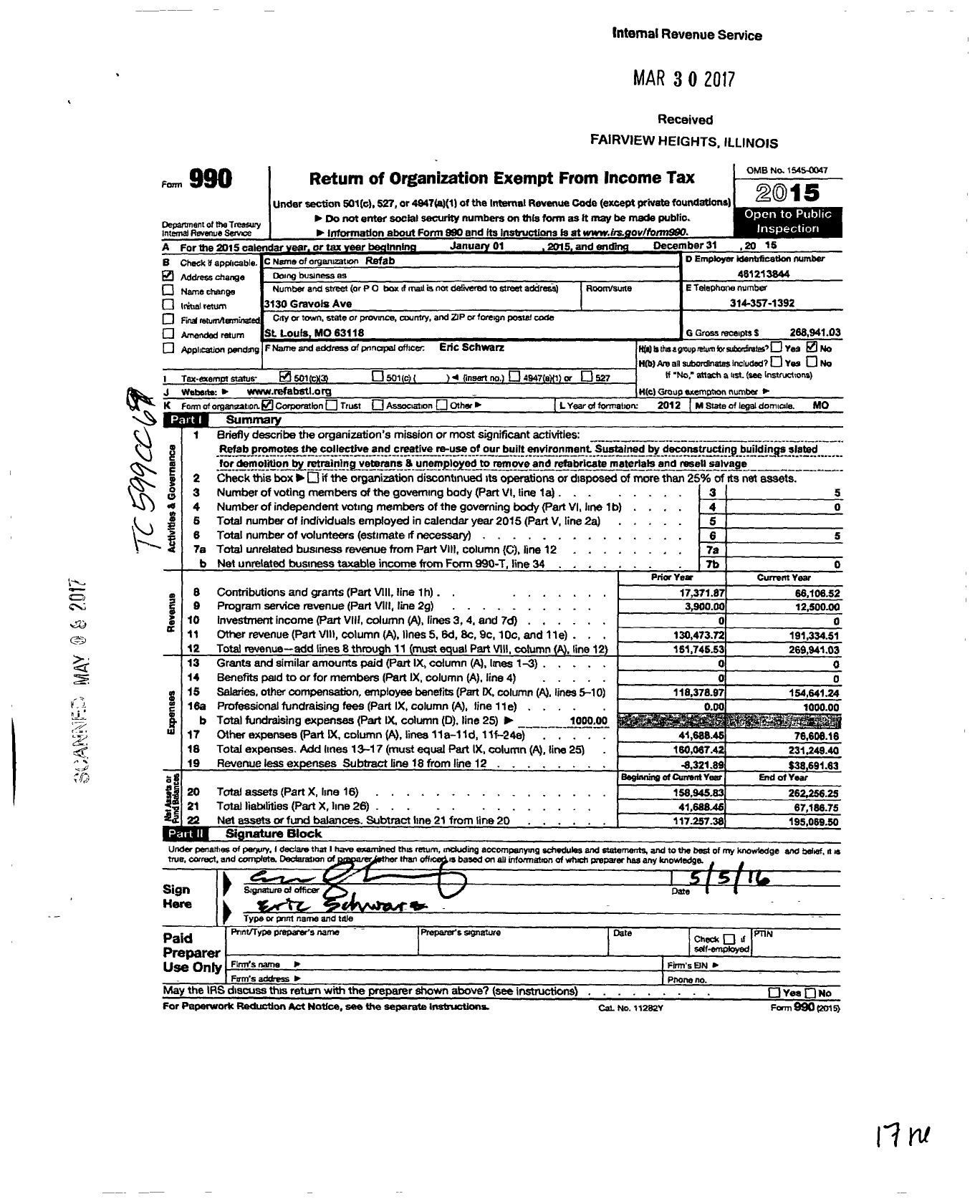 Image of first page of 2015 Form 990 for Refab