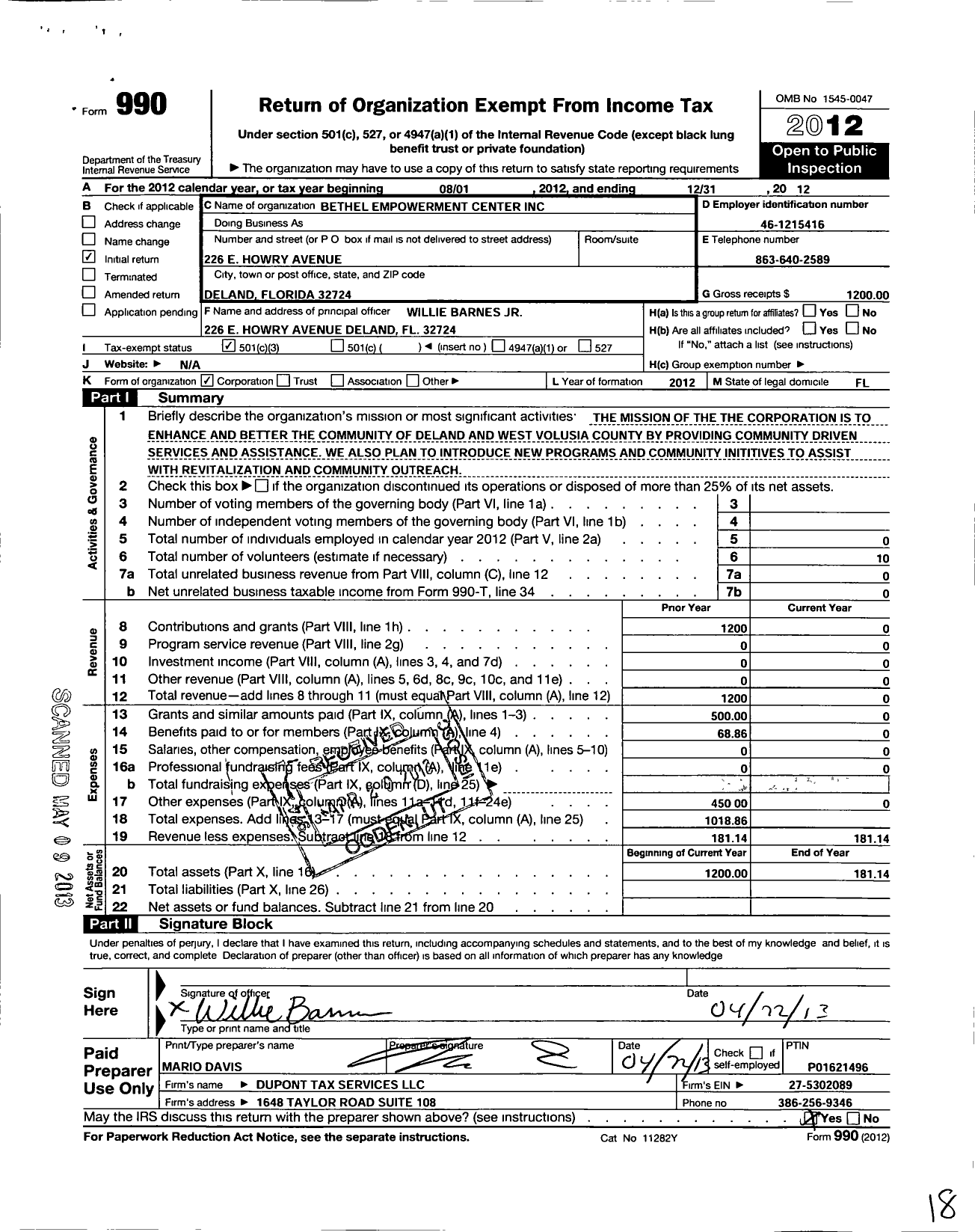 Image of first page of 2012 Form 990 for Bethel Empowerment Center