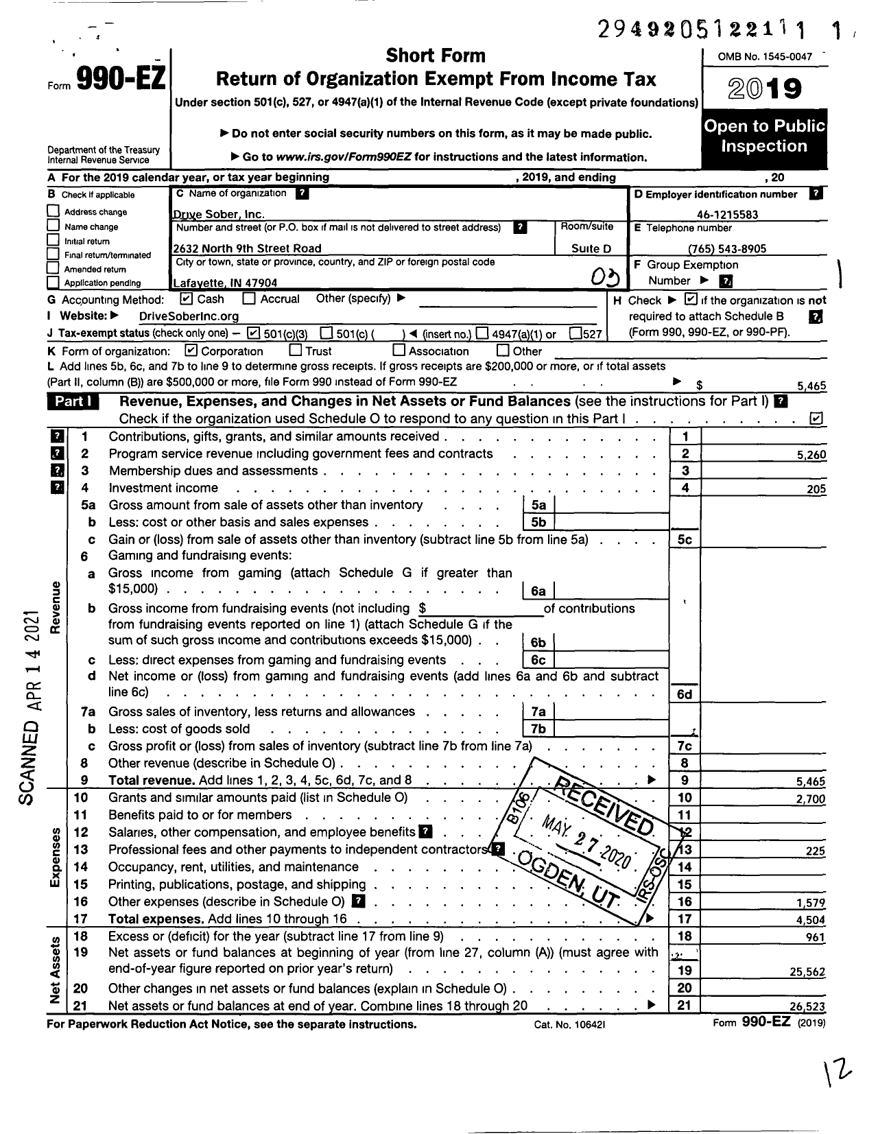 Image of first page of 2019 Form 990EZ for Drive Sober