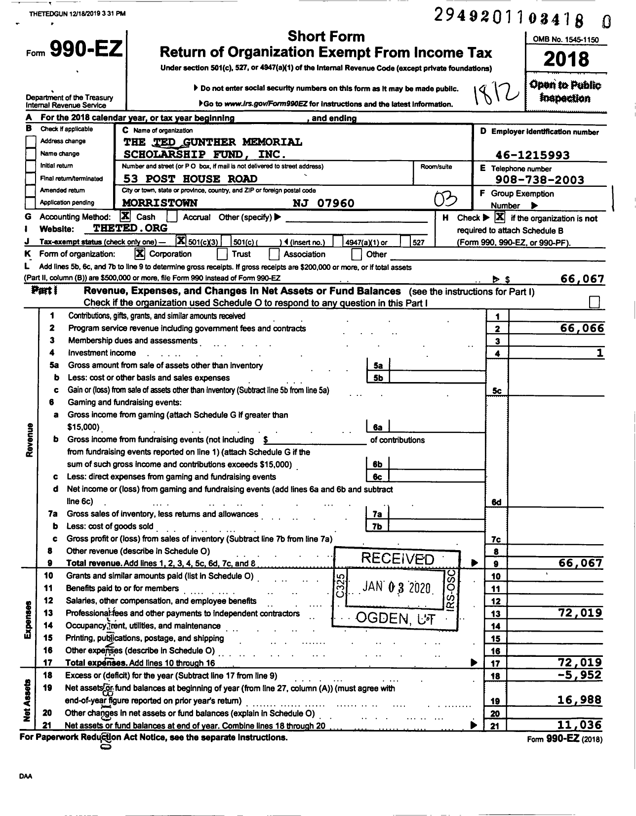 Image of first page of 2018 Form 990EZ for The Ted Gunther Memorial Scholarship Fund