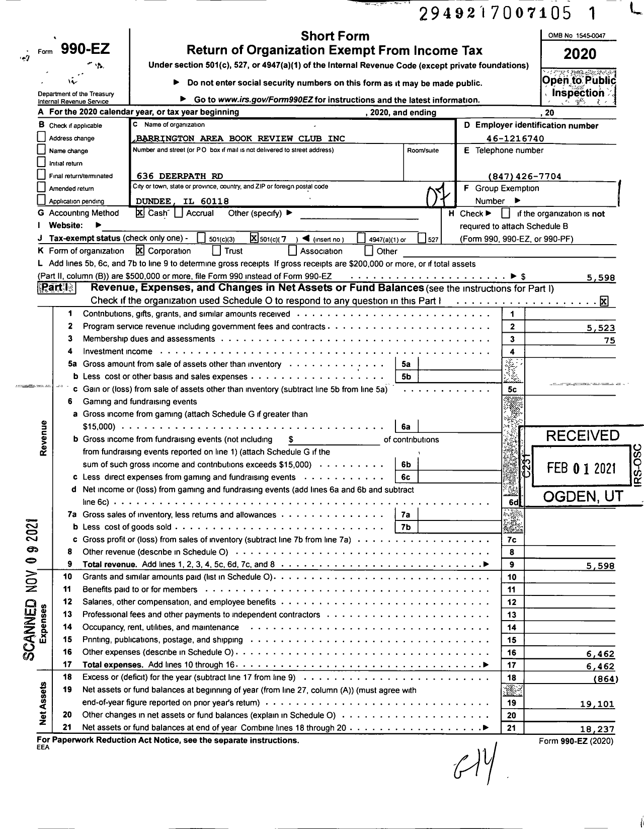 Image of first page of 2020 Form 990EO for Barrington Area Book Review Club