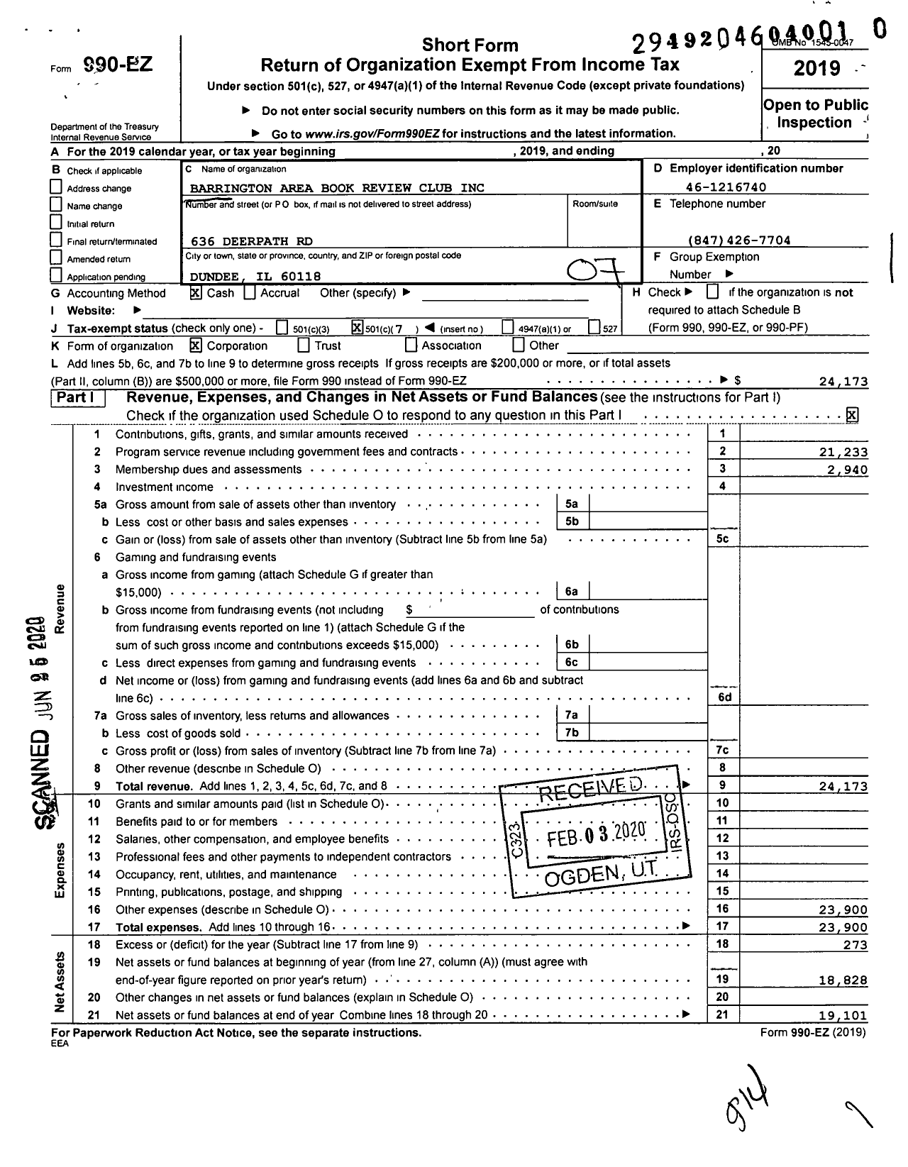 Image of first page of 2019 Form 990EO for Barrington Area Book Review Club