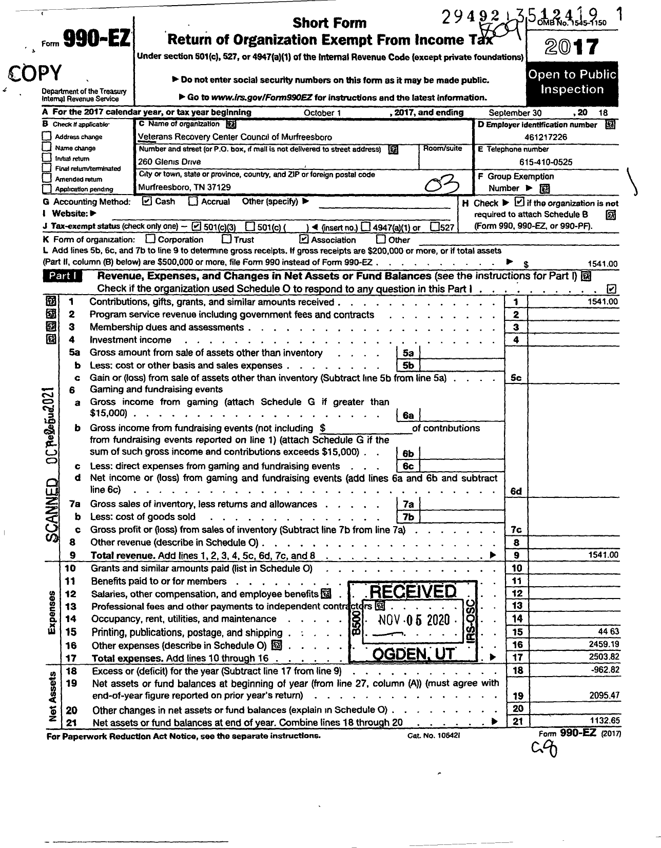 Image of first page of 2017 Form 990EZ for Veterans Recovery Center Council of Murfreesboro