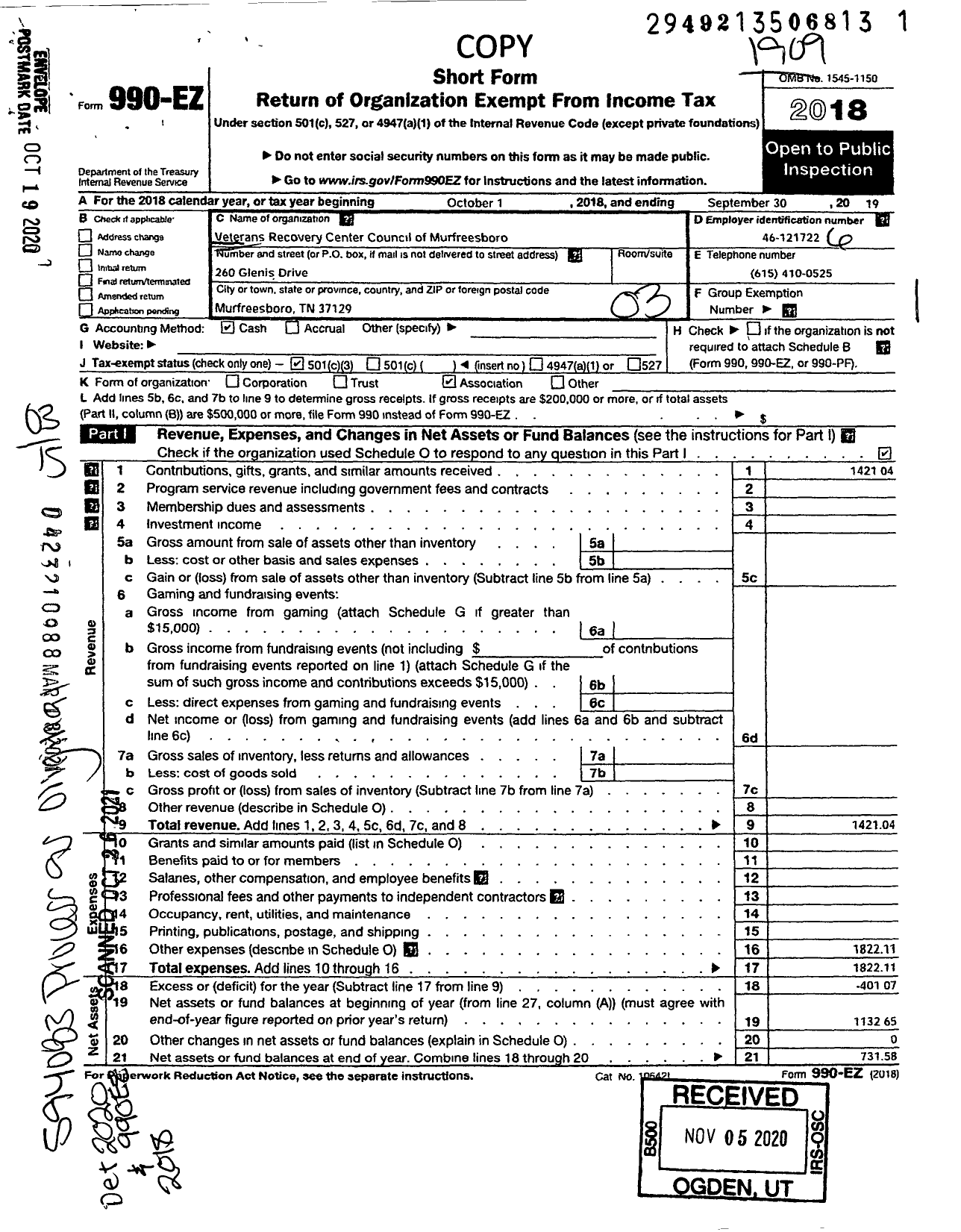 Image of first page of 2018 Form 990EZ for Veterans Recovery Center Council of Murfreesboro