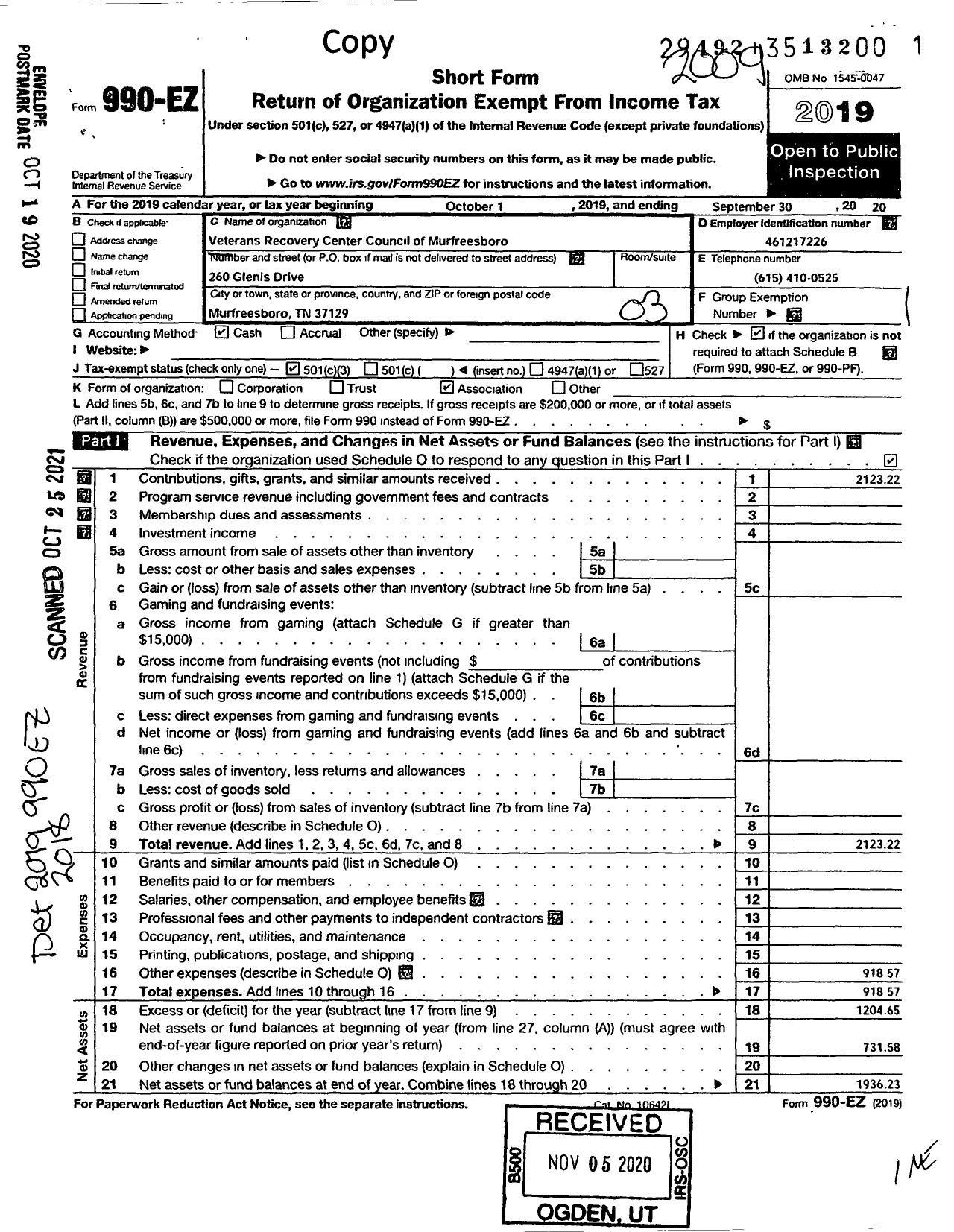 Image of first page of 2019 Form 990EZ for Veterans Recovery Center Council of Murfreesboro