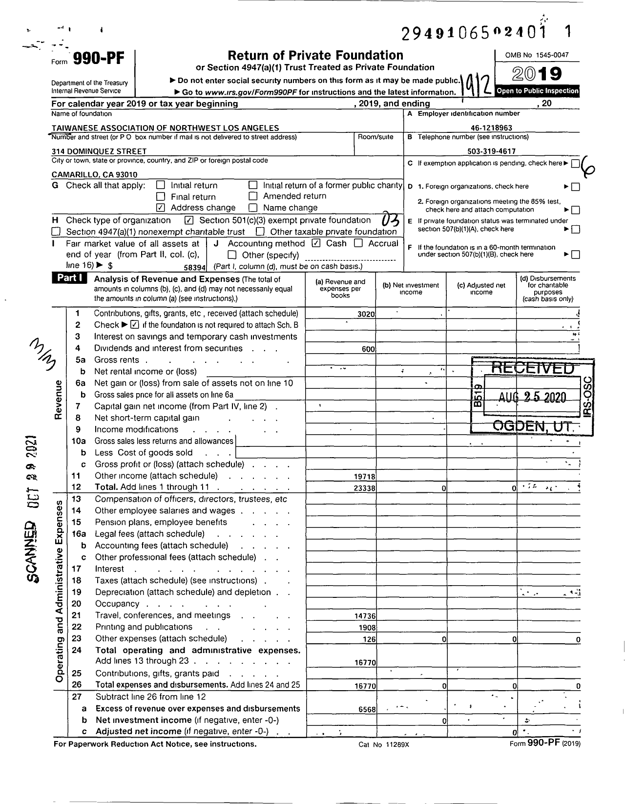 Image of first page of 2019 Form 990PF for Taiwanese Association of Northwest Los Angeles