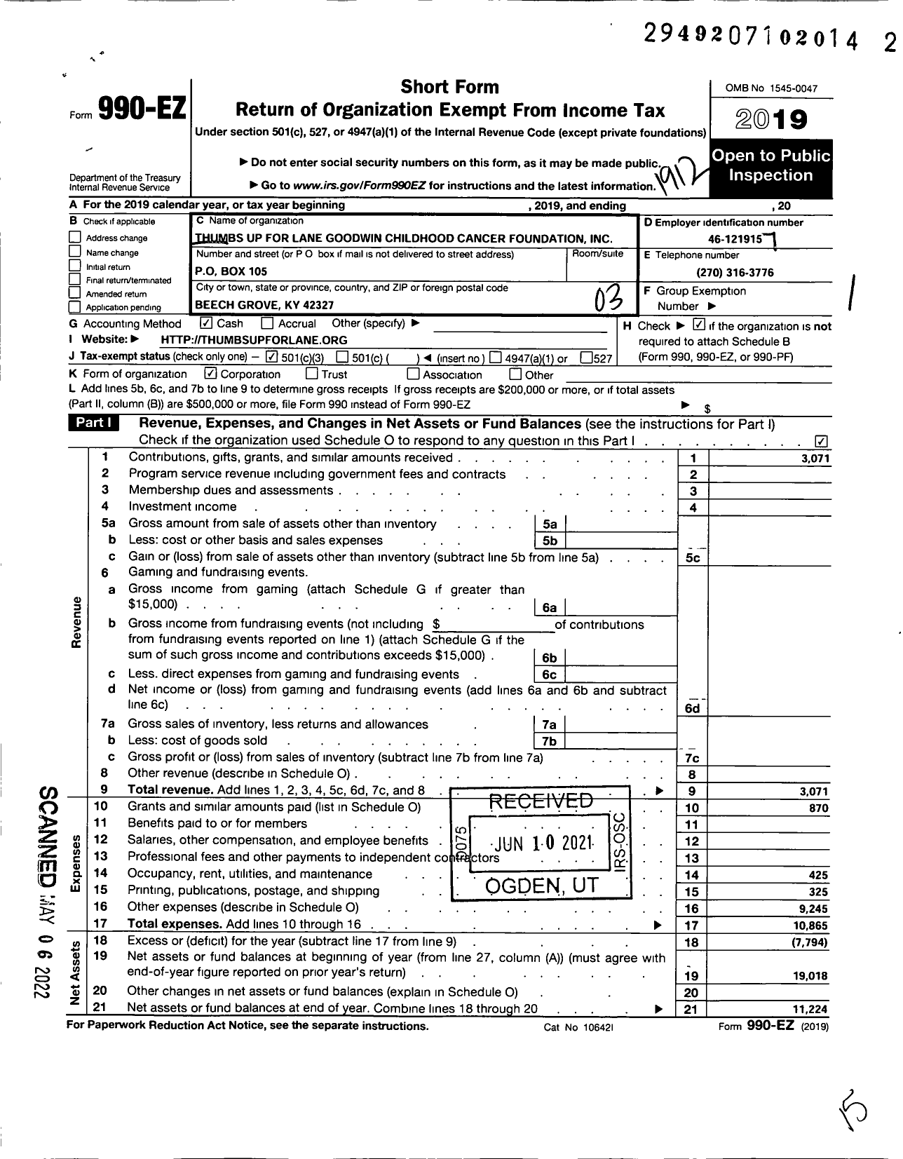 Image of first page of 2019 Form 990EZ for Thumbs Up for Lane Goodwin Childhood Cancer Foundation