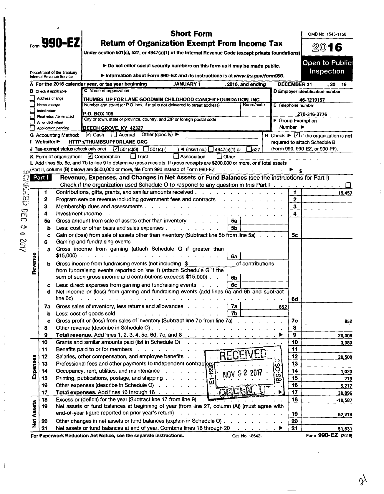 Image of first page of 2016 Form 990EZ for Thumbs Up for Lane Goodwin Childhood Cancer Foundation