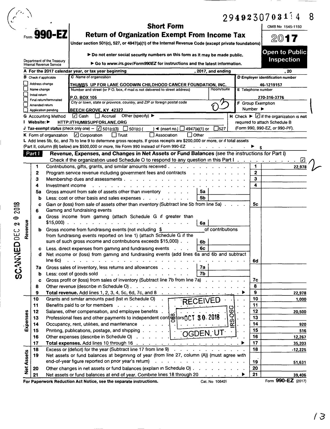 Image of first page of 2017 Form 990EZ for Thumbs Up for Lane Goodwin Childhood Cancer Foundation