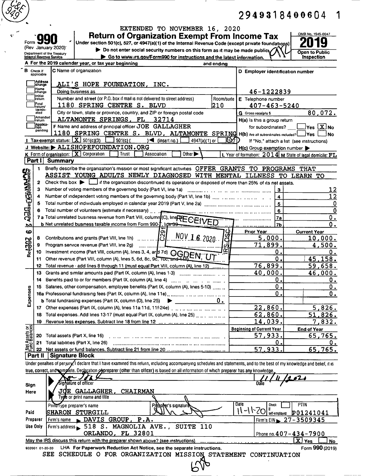 Image of first page of 2019 Form 990 for Ali's Hope Foundation