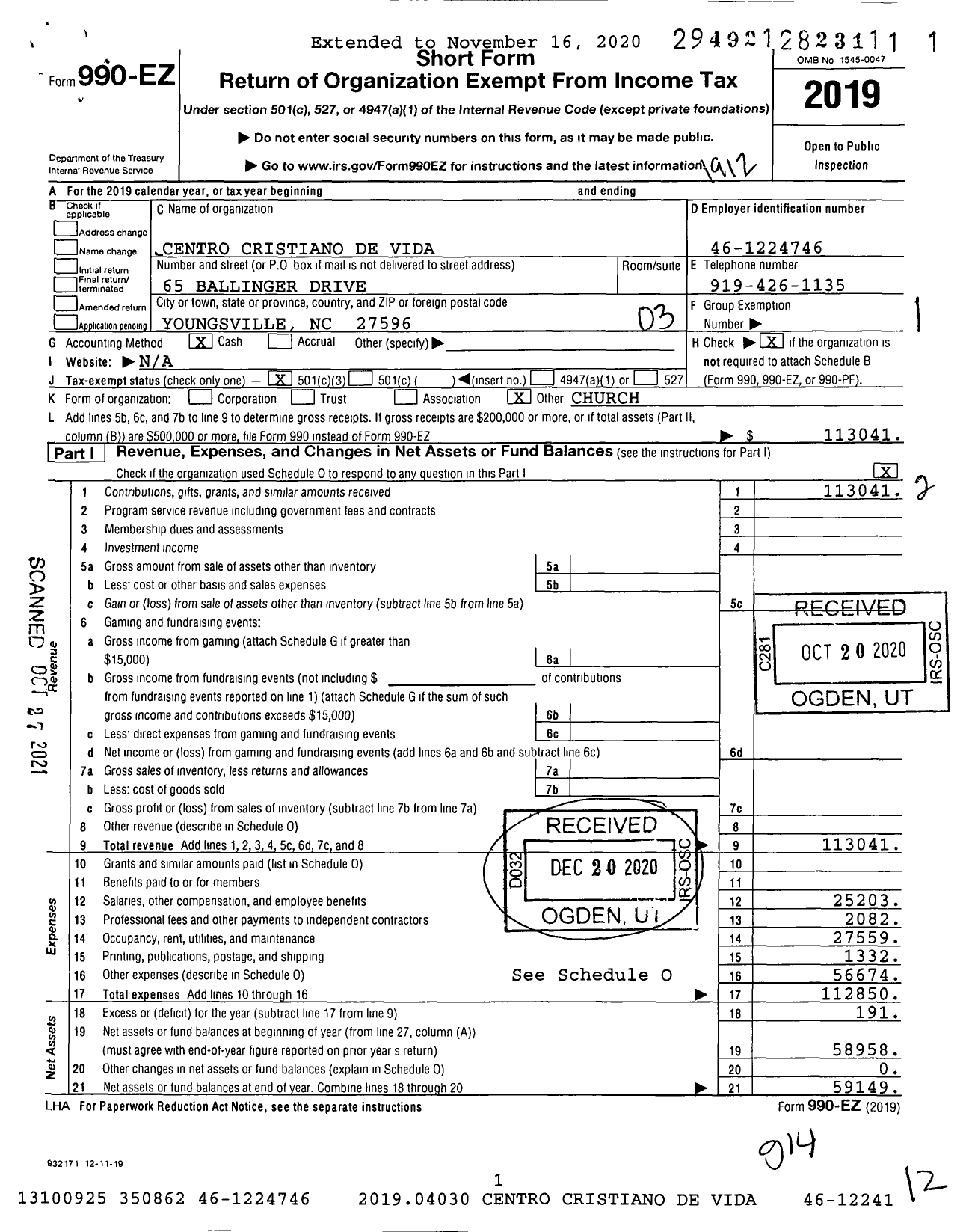 Image of first page of 2019 Form 990EZ for Centro Cristiano de Vida