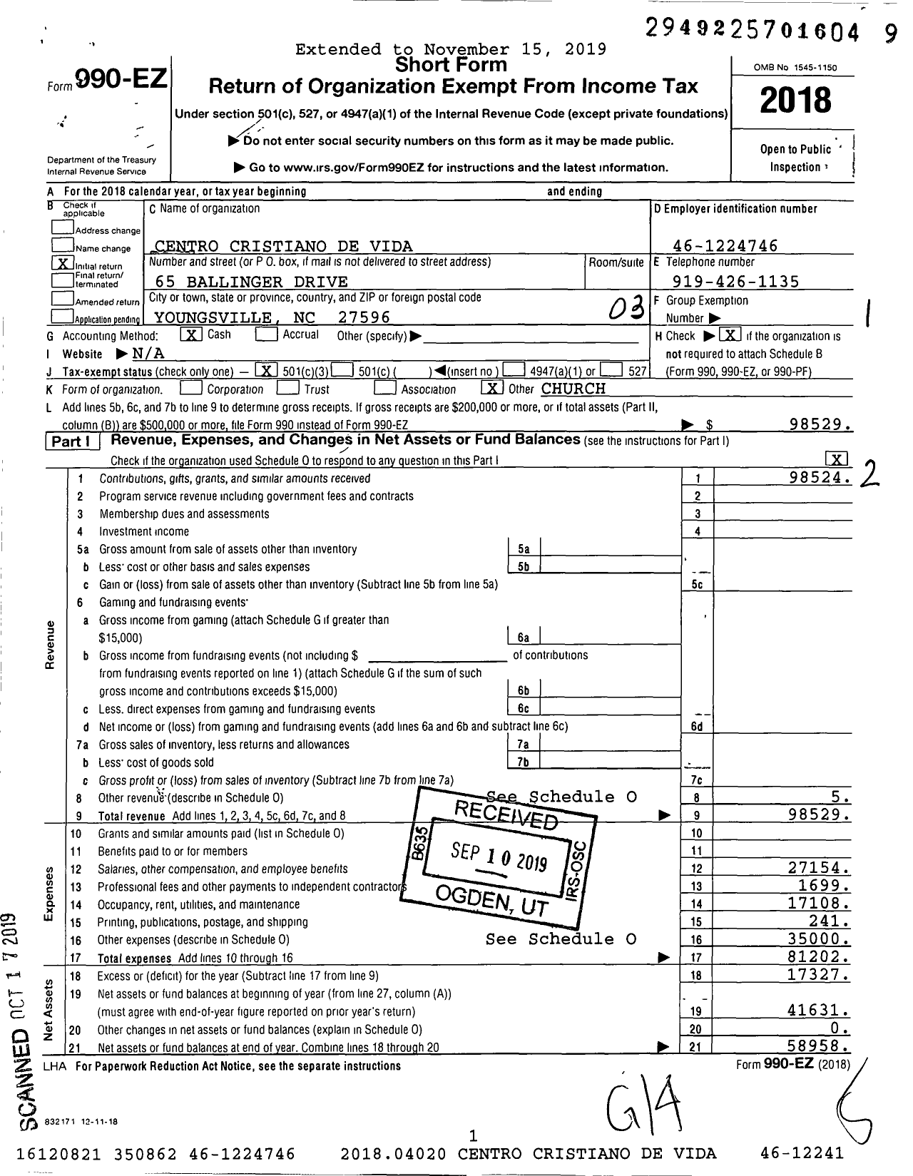 Image of first page of 2018 Form 990EZ for Centro Cristiano de Vida