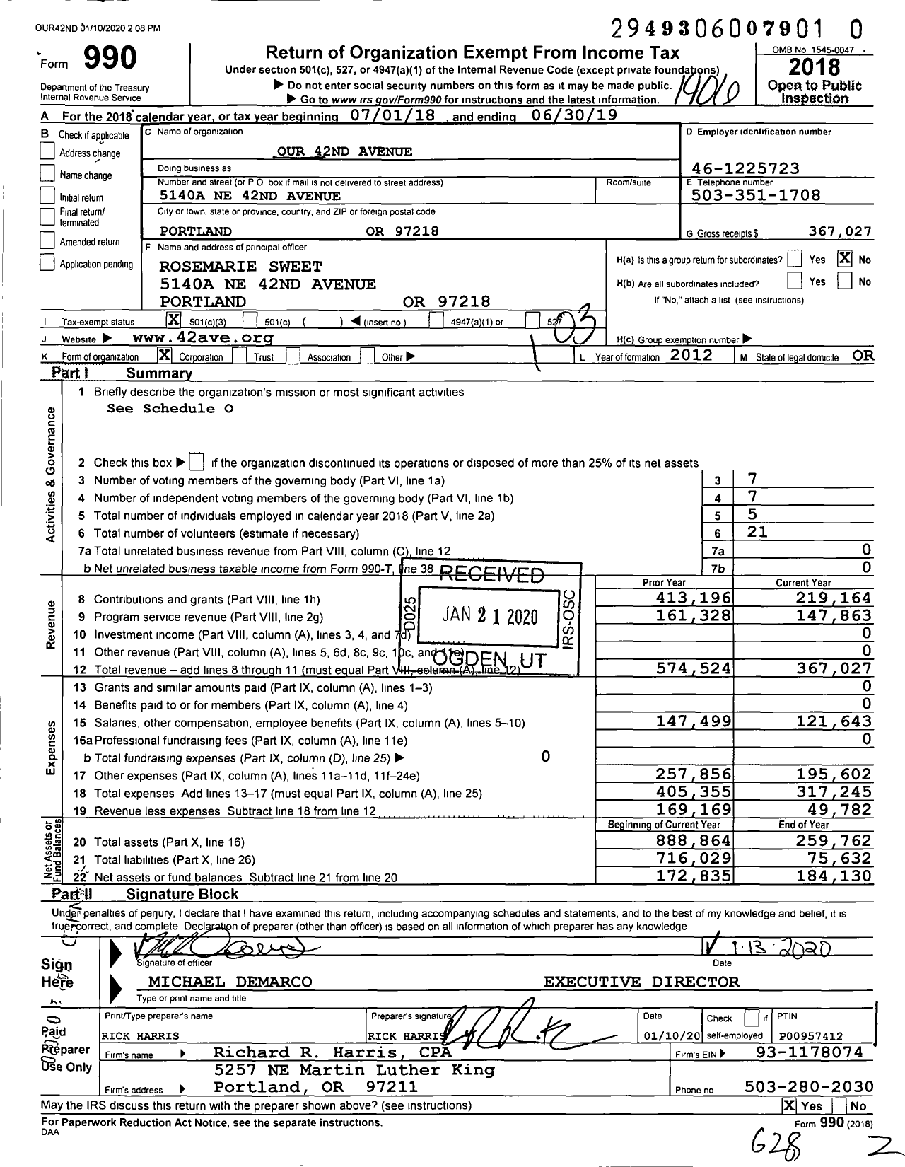 Image of first page of 2018 Form 990 for Our 42nd Avenue