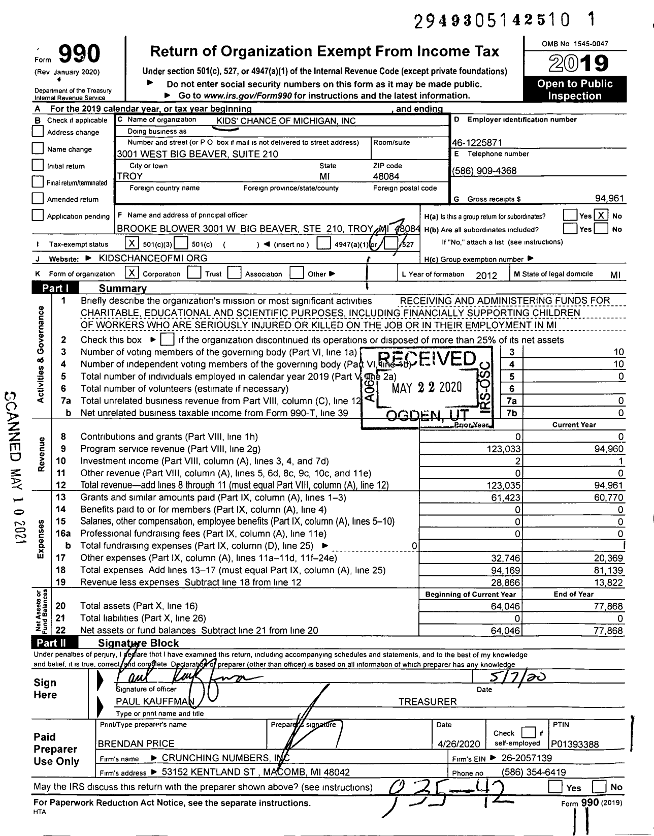 Image of first page of 2019 Form 990 for Kids' Chance of Michigan