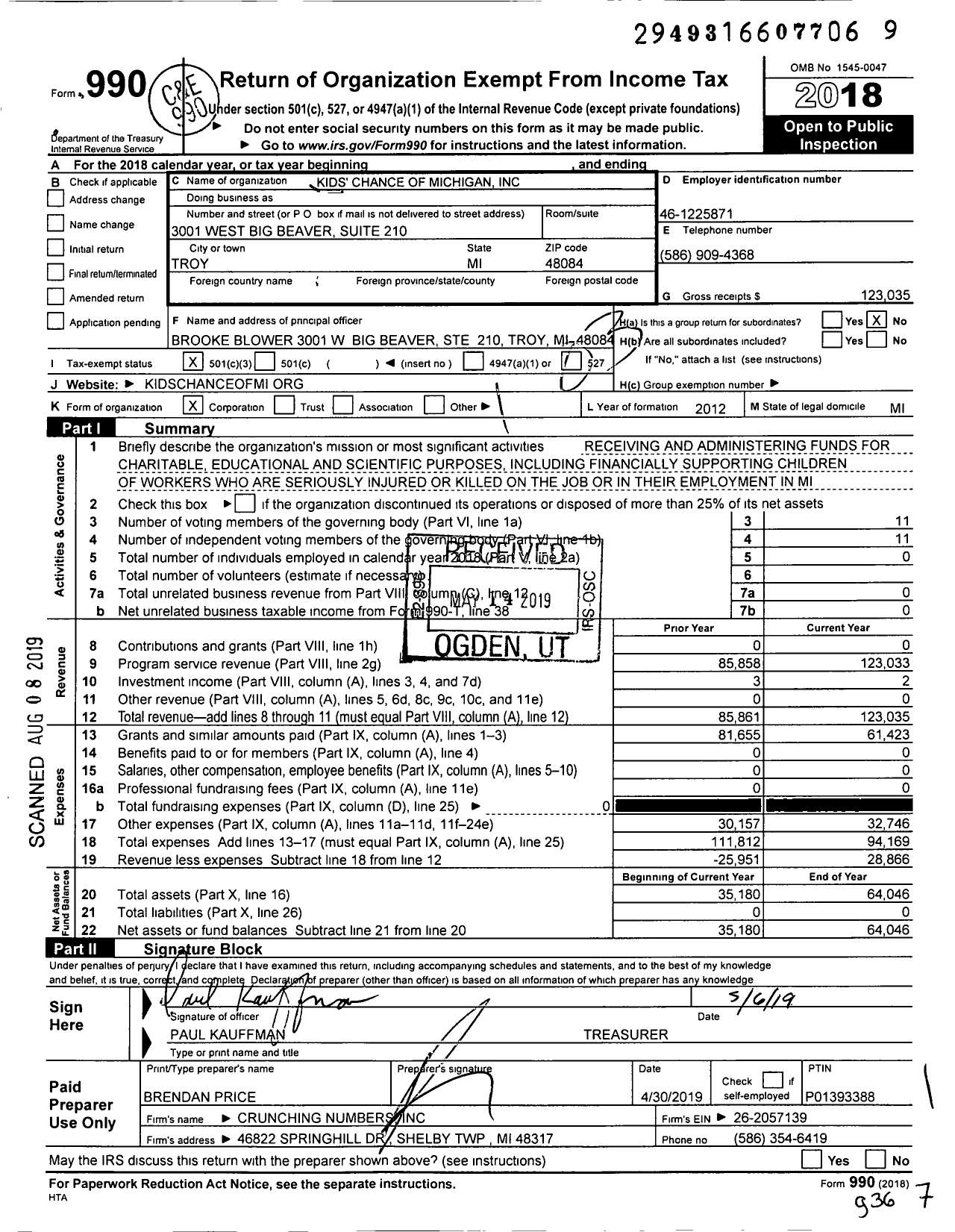 Image of first page of 2018 Form 990 for Kids' Chance of Michigan