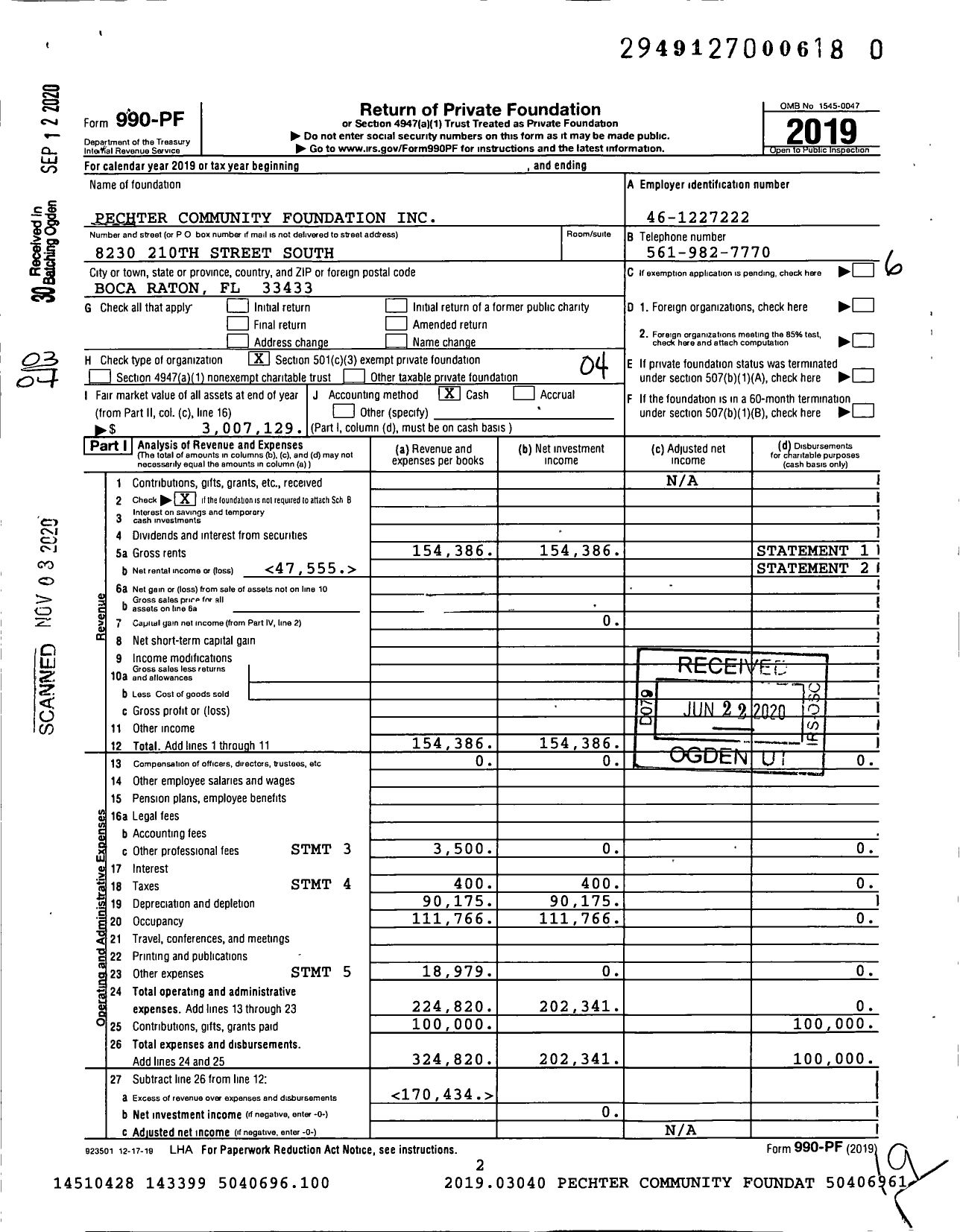 Image of first page of 2019 Form 990PF for Pechter Community Foundation