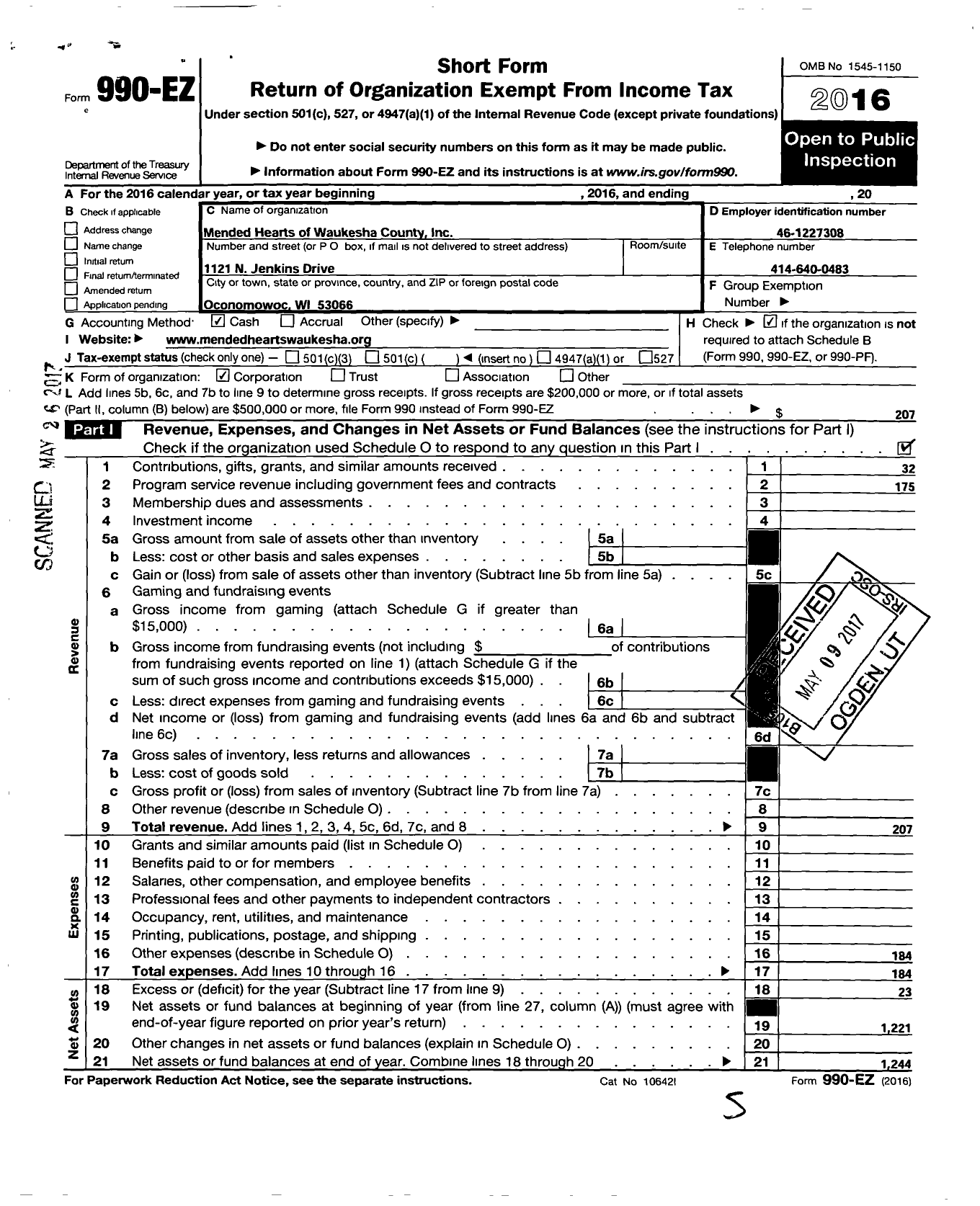 Image of first page of 2016 Form 990EO for Mended Hearts of Waukesha County