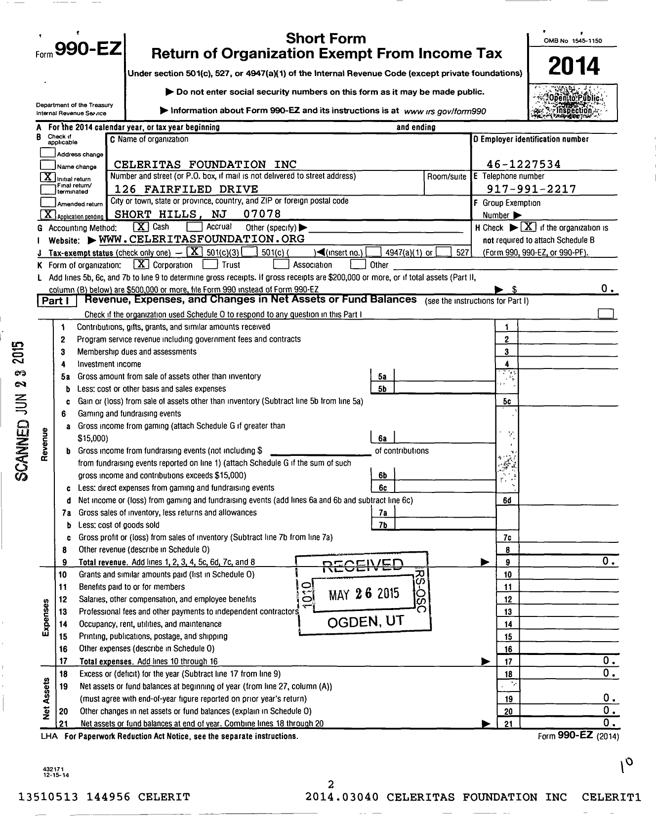 Image of first page of 2014 Form 990EZ for Celeritas Foundation