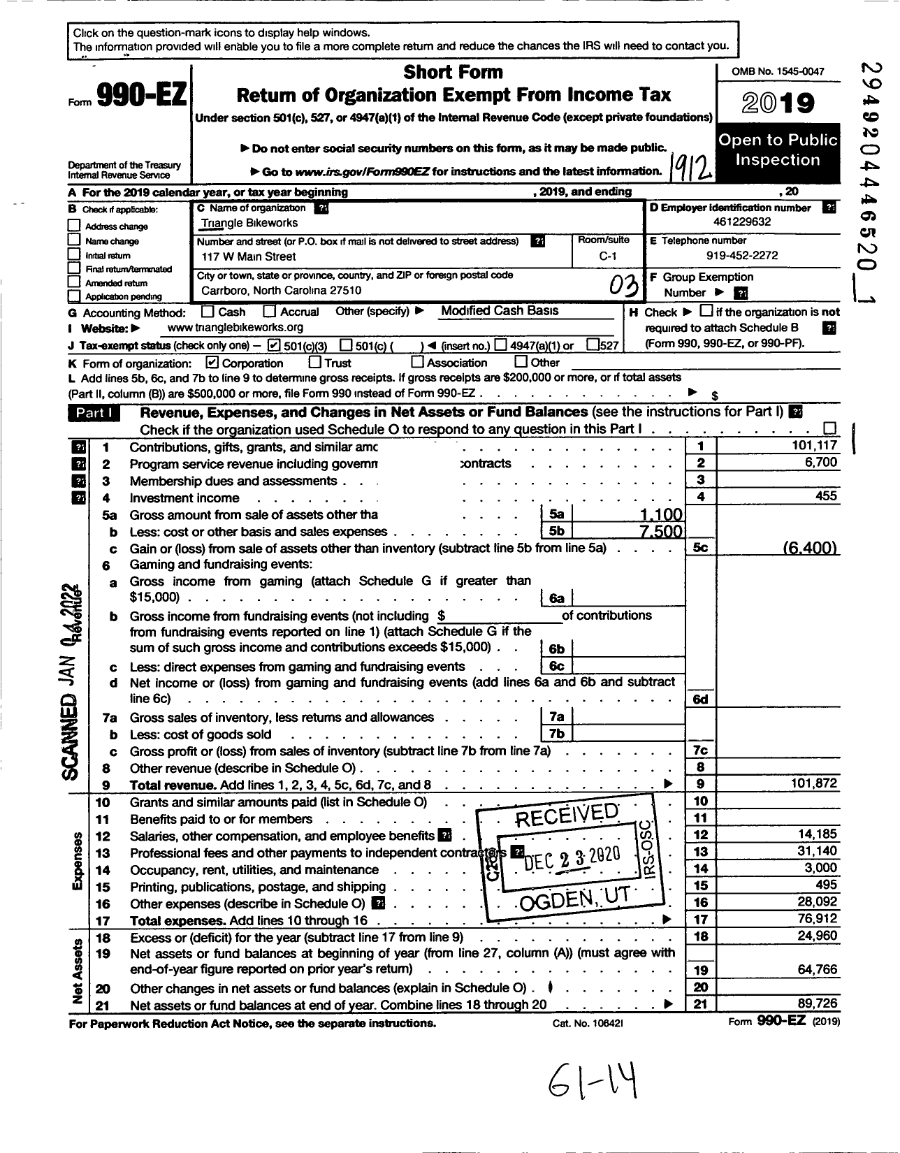 Image of first page of 2019 Form 990EZ for Triangle Bikeworks