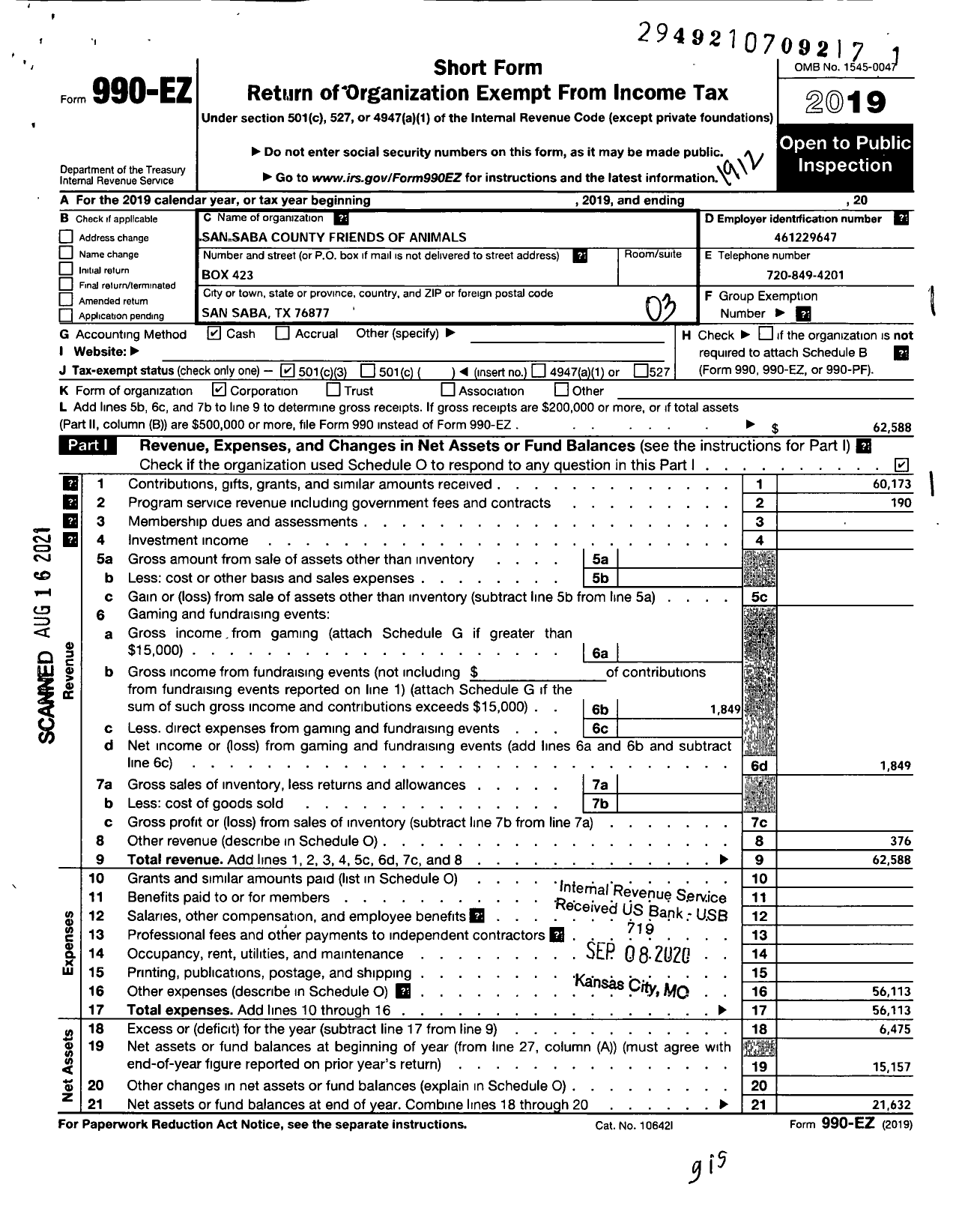 Image of first page of 2019 Form 990EZ for San Saba County Friends of Animals