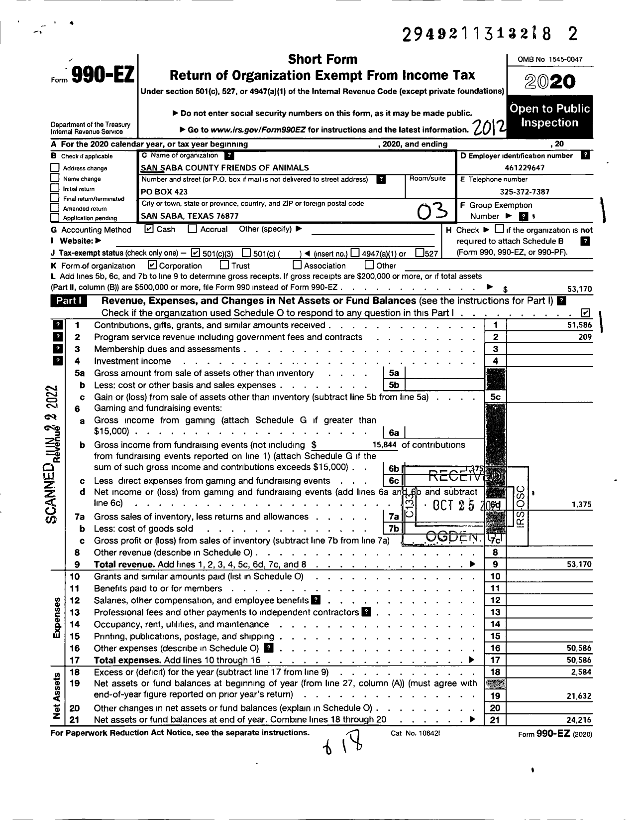 Image of first page of 2020 Form 990EZ for San Saba County Friends of Animals