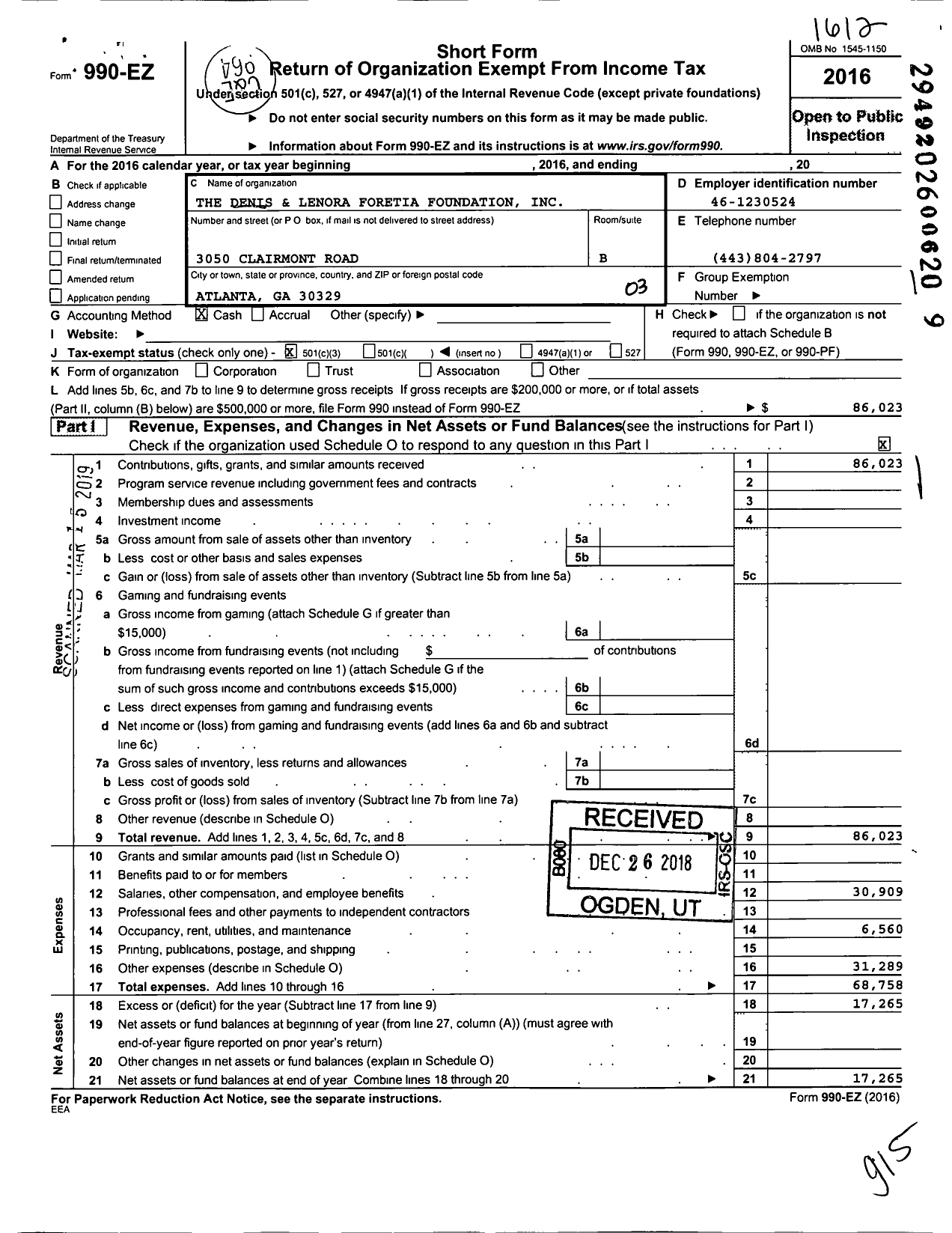 Image of first page of 2016 Form 990EZ for The Denis and Lenora Foretia Foundation