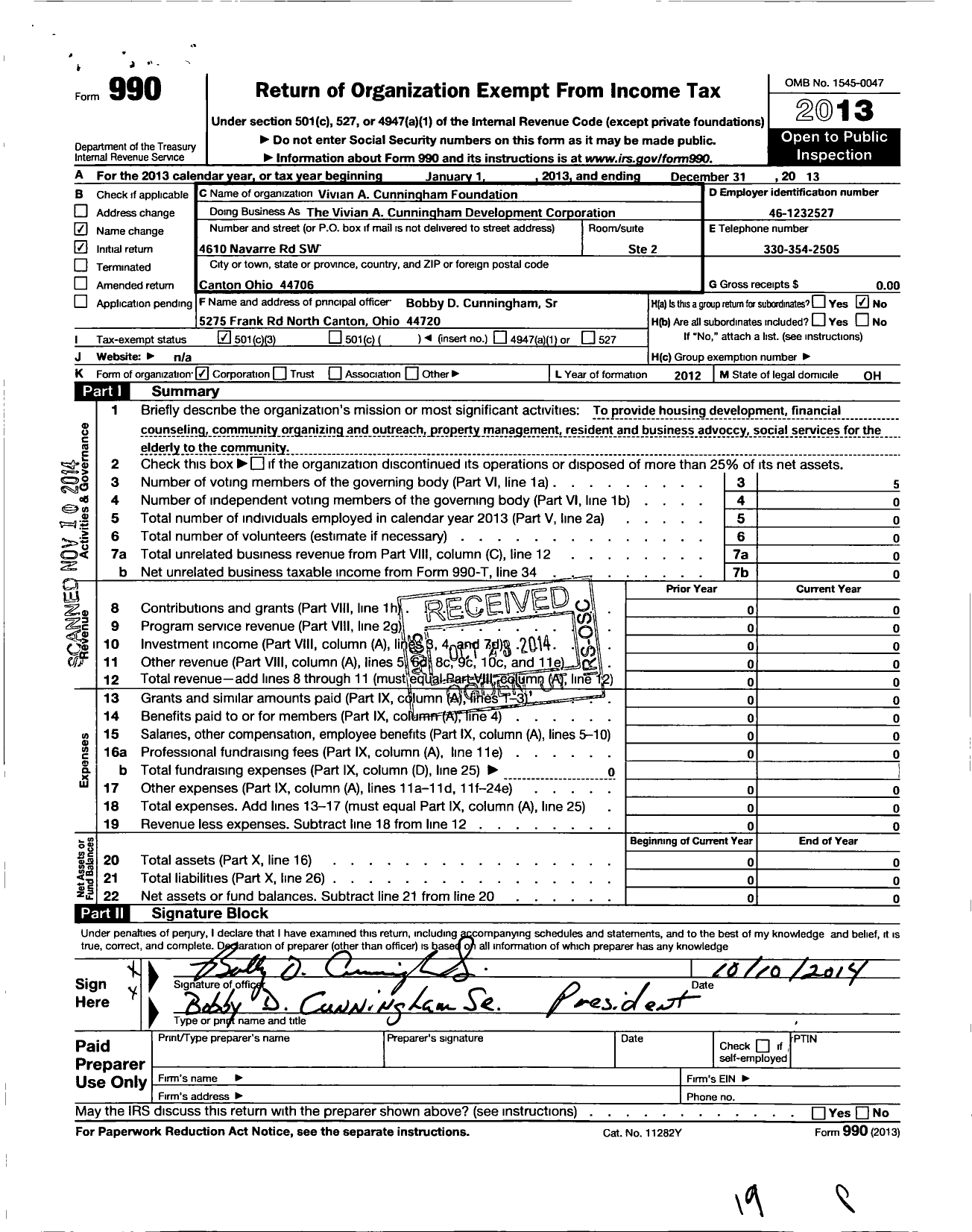 Image of first page of 2013 Form 990 for The Vivian A Cunningham Community Development Corporation